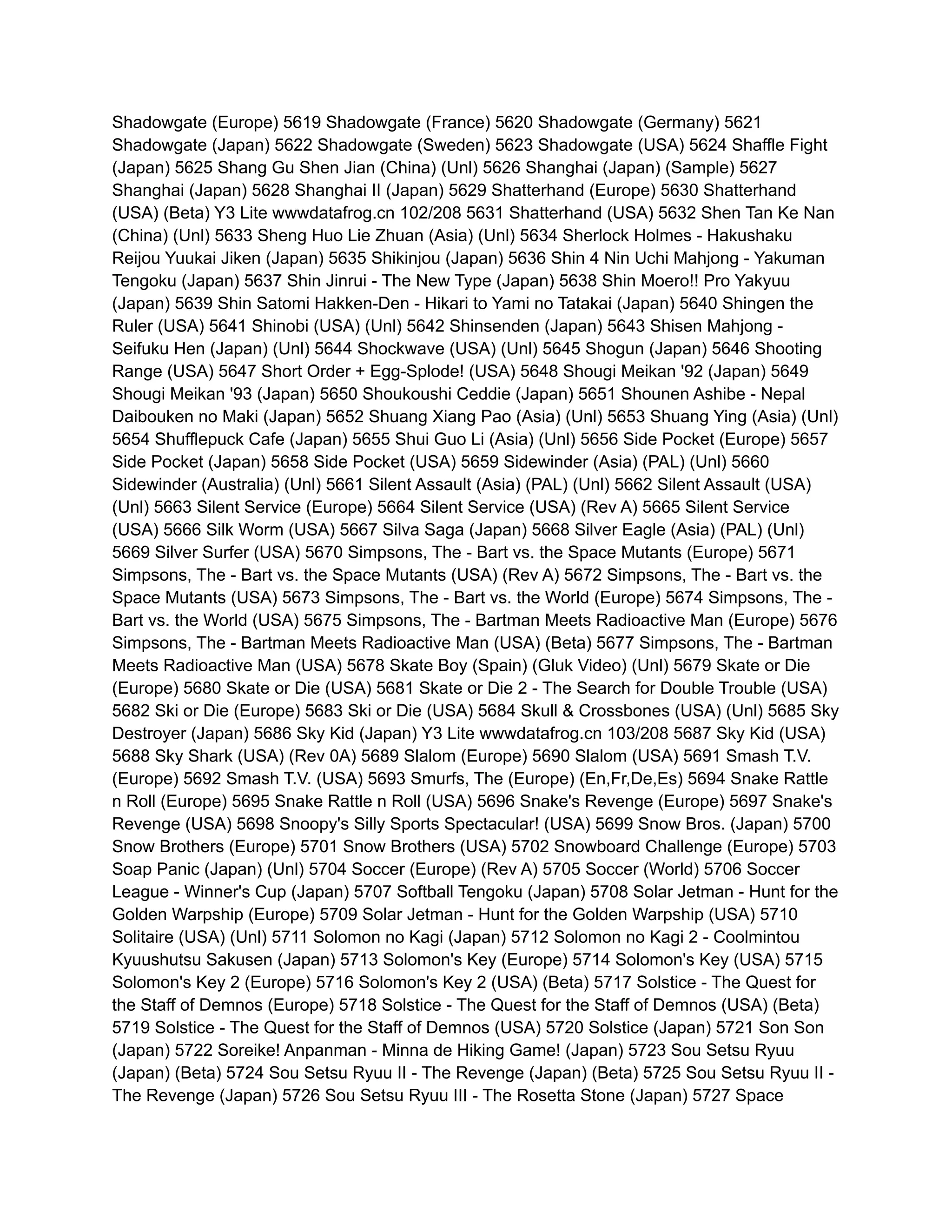 Shadowgate (Europe) 5619 Shadowgate (France) 5620 Shadowgate (Germany) 5621
Shadowgate (Japan) 5622 Shadowgate (Sweden) 5623 Shadowgate (USA) 5624 Shaffle Fight
(Japan) 5625 Shang Gu Shen Jian (China) (Unl) 5626 Shanghai (Japan) (Sample) 5627
Shanghai (Japan) 5628 Shanghai II (Japan) 5629 Shatterhand (Europe) 5630 Shatterhand
(USA) (Beta) Y3 Lite wwwdatafrog.cn 102/208 5631 Shatterhand (USA) 5632 Shen Tan Ke Nan
(China) (Unl) 5633 Sheng Huo Lie Zhuan (Asia) (Unl) 5634 Sherlock Holmes - Hakushaku
Reijou Yuukai Jiken (Japan) 5635 Shikinjou (Japan) 5636 Shin 4 Nin Uchi Mahjong - Yakuman
Tengoku (Japan) 5637 Shin Jinrui - The New Type (Japan) 5638 Shin Moero!! Pro Yakyuu
(Japan) 5639 Shin Satomi Hakken-Den - Hikari to Yami no Tatakai (Japan) 5640 Shingen the
Ruler (USA) 5641 Shinobi (USA) (Unl) 5642 Shinsenden (Japan) 5643 Shisen Mahjong -
Seifuku Hen (Japan) (Unl) 5644 Shockwave (USA) (Unl) 5645 Shogun (Japan) 5646 Shooting
Range (USA) 5647 Short Order + Egg-Splode! (USA) 5648 Shougi Meikan '92 (Japan) 5649
Shougi Meikan '93 (Japan) 5650 Shoukoushi Ceddie (Japan) 5651 Shounen Ashibe - Nepal
Daibouken no Maki (Japan) 5652 Shuang Xiang Pao (Asia) (Unl) 5653 Shuang Ying (Asia) (Unl)
5654 Shufflepuck Cafe (Japan) 5655 Shui Guo Li (Asia) (Unl) 5656 Side Pocket (Europe) 5657
Side Pocket (Japan) 5658 Side Pocket (USA) 5659 Sidewinder (Asia) (PAL) (Unl) 5660
Sidewinder (Australia) (Unl) 5661 Silent Assault (Asia) (PAL) (Unl) 5662 Silent Assault (USA)
(Unl) 5663 Silent Service (Europe) 5664 Silent Service (USA) (Rev A) 5665 Silent Service
(USA) 5666 Silk Worm (USA) 5667 Silva Saga (Japan) 5668 Silver Eagle (Asia) (PAL) (Unl)
5669 Silver Surfer (USA) 5670 Simpsons, The - Bart vs. the Space Mutants (Europe) 5671
Simpsons, The - Bart vs. the Space Mutants (USA) (Rev A) 5672 Simpsons, The - Bart vs. the
Space Mutants (USA) 5673 Simpsons, The - Bart vs. the World (Europe) 5674 Simpsons, The -
Bart vs. the World (USA) 5675 Simpsons, The - Bartman Meets Radioactive Man (Europe) 5676
Simpsons, The - Bartman Meets Radioactive Man (USA) (Beta) 5677 Simpsons, The - Bartman
Meets Radioactive Man (USA) 5678 Skate Boy (Spain) (Gluk Video) (Unl) 5679 Skate or Die
(Europe) 5680 Skate or Die (USA) 5681 Skate or Die 2 - The Search for Double Trouble (USA)
5682 Ski or Die (Europe) 5683 Ski or Die (USA) 5684 Skull & Crossbones (USA) (Unl) 5685 Sky
Destroyer (Japan) 5686 Sky Kid (Japan) Y3 Lite wwwdatafrog.cn 103/208 5687 Sky Kid (USA)
5688 Sky Shark (USA) (Rev 0A) 5689 Slalom (Europe) 5690 Slalom (USA) 5691 Smash T.V.
(Europe) 5692 Smash T.V. (USA) 5693 Smurfs, The (Europe) (En,Fr,De,Es) 5694 Snake Rattle
n Roll (Europe) 5695 Snake Rattle n Roll (USA) 5696 Snake's Revenge (Europe) 5697 Snake's
Revenge (USA) 5698 Snoopy's Silly Sports Spectacular! (USA) 5699 Snow Bros. (Japan) 5700
Snow Brothers (Europe) 5701 Snow Brothers (USA) 5702 Snowboard Challenge (Europe) 5703
Soap Panic (Japan) (Unl) 5704 Soccer (Europe) (Rev A) 5705 Soccer (World) 5706 Soccer
League - Winner's Cup (Japan) 5707 Softball Tengoku (Japan) 5708 Solar Jetman - Hunt for the
Golden Warpship (Europe) 5709 Solar Jetman - Hunt for the Golden Warpship (USA) 5710
Solitaire (USA) (Unl) 5711 Solomon no Kagi (Japan) 5712 Solomon no Kagi 2 - Coolmintou
Kyuushutsu Sakusen (Japan) 5713 Solomon's Key (Europe) 5714 Solomon's Key (USA) 5715
Solomon's Key 2 (Europe) 5716 Solomon's Key 2 (USA) (Beta) 5717 Solstice - The Quest for
the Staff of Demnos (Europe) 5718 Solstice - The Quest for the Staff of Demnos (USA) (Beta)
5719 Solstice - The Quest for the Staff of Demnos (USA) 5720 Solstice (Japan) 5721 Son Son
(Japan) 5722 Soreike! Anpanman - Minna de Hiking Game! (Japan) 5723 Sou Setsu Ryuu
(Japan) (Beta) 5724 Sou Setsu Ryuu II - The Revenge (Japan) (Beta) 5725 Sou Setsu Ryuu II -
The Revenge (Japan) 5726 Sou Setsu Ryuu III - The Rosetta Stone (Japan) 5727 Space
 