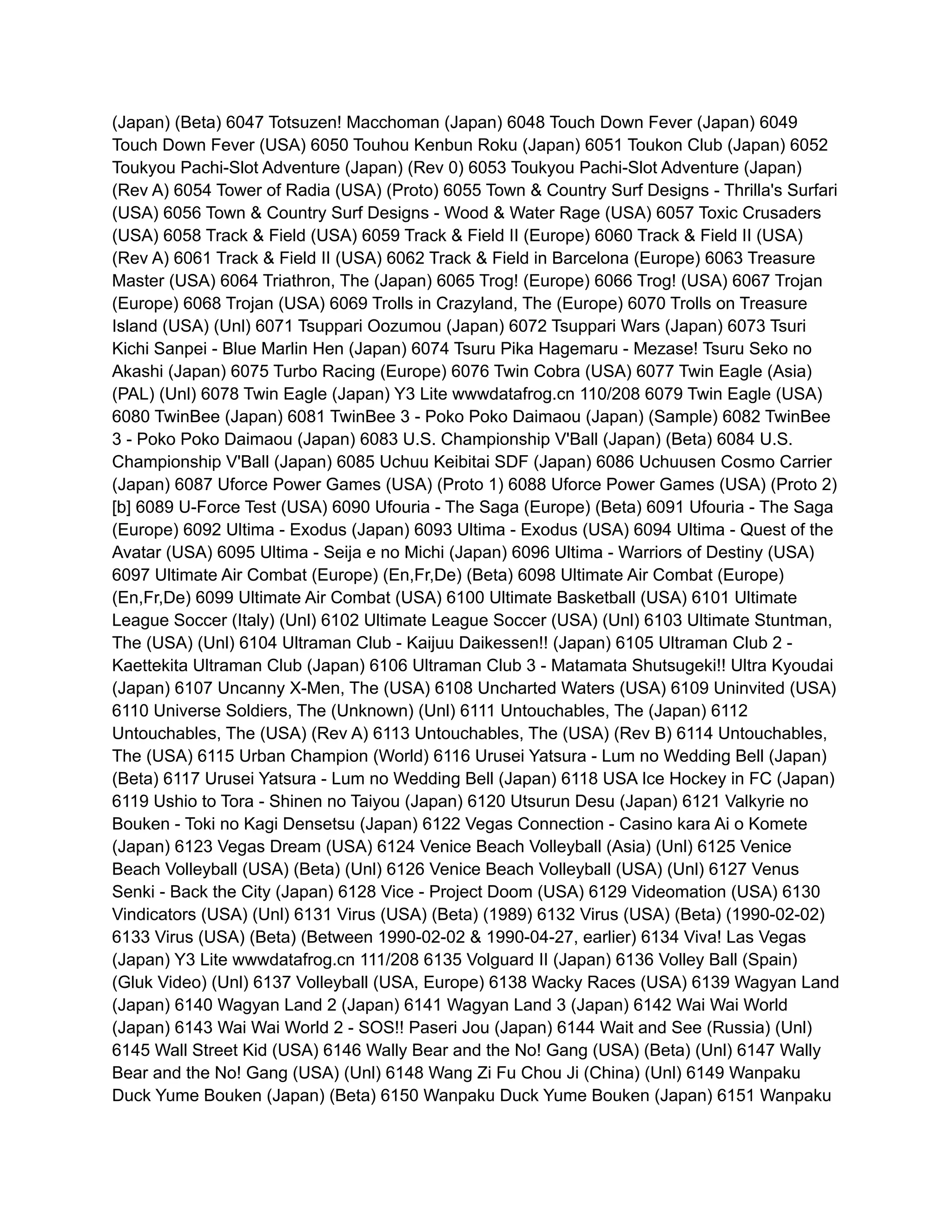 (Japan) (Beta) 6047 Totsuzen! Macchoman (Japan) 6048 Touch Down Fever (Japan) 6049
Touch Down Fever (USA) 6050 Touhou Kenbun Roku (Japan) 6051 Toukon Club (Japan) 6052
Toukyou Pachi-Slot Adventure (Japan) (Rev 0) 6053 Toukyou Pachi-Slot Adventure (Japan)
(Rev A) 6054 Tower of Radia (USA) (Proto) 6055 Town & Country Surf Designs - Thrilla's Surfari
(USA) 6056 Town & Country Surf Designs - Wood & Water Rage (USA) 6057 Toxic Crusaders
(USA) 6058 Track & Field (USA) 6059 Track & Field II (Europe) 6060 Track & Field II (USA)
(Rev A) 6061 Track & Field II (USA) 6062 Track & Field in Barcelona (Europe) 6063 Treasure
Master (USA) 6064 Triathron, The (Japan) 6065 Trog! (Europe) 6066 Trog! (USA) 6067 Trojan
(Europe) 6068 Trojan (USA) 6069 Trolls in Crazyland, The (Europe) 6070 Trolls on Treasure
Island (USA) (Unl) 6071 Tsuppari Oozumou (Japan) 6072 Tsuppari Wars (Japan) 6073 Tsuri
Kichi Sanpei - Blue Marlin Hen (Japan) 6074 Tsuru Pika Hagemaru - Mezase! Tsuru Seko no
Akashi (Japan) 6075 Turbo Racing (Europe) 6076 Twin Cobra (USA) 6077 Twin Eagle (Asia)
(PAL) (Unl) 6078 Twin Eagle (Japan) Y3 Lite wwwdatafrog.cn 110/208 6079 Twin Eagle (USA)
6080 TwinBee (Japan) 6081 TwinBee 3 - Poko Poko Daimaou (Japan) (Sample) 6082 TwinBee
3 - Poko Poko Daimaou (Japan) 6083 U.S. Championship V'Ball (Japan) (Beta) 6084 U.S.
Championship V'Ball (Japan) 6085 Uchuu Keibitai SDF (Japan) 6086 Uchuusen Cosmo Carrier
(Japan) 6087 Uforce Power Games (USA) (Proto 1) 6088 Uforce Power Games (USA) (Proto 2)
[b] 6089 U-Force Test (USA) 6090 Ufouria - The Saga (Europe) (Beta) 6091 Ufouria - The Saga
(Europe) 6092 Ultima - Exodus (Japan) 6093 Ultima - Exodus (USA) 6094 Ultima - Quest of the
Avatar (USA) 6095 Ultima - Seija e no Michi (Japan) 6096 Ultima - Warriors of Destiny (USA)
6097 Ultimate Air Combat (Europe) (En,Fr,De) (Beta) 6098 Ultimate Air Combat (Europe)
(En,Fr,De) 6099 Ultimate Air Combat (USA) 6100 Ultimate Basketball (USA) 6101 Ultimate
League Soccer (Italy) (Unl) 6102 Ultimate League Soccer (USA) (Unl) 6103 Ultimate Stuntman,
The (USA) (Unl) 6104 Ultraman Club - Kaijuu Daikessen!! (Japan) 6105 Ultraman Club 2 -
Kaettekita Ultraman Club (Japan) 6106 Ultraman Club 3 - Matamata Shutsugeki!! Ultra Kyoudai
(Japan) 6107 Uncanny X-Men, The (USA) 6108 Uncharted Waters (USA) 6109 Uninvited (USA)
6110 Universe Soldiers, The (Unknown) (Unl) 6111 Untouchables, The (Japan) 6112
Untouchables, The (USA) (Rev A) 6113 Untouchables, The (USA) (Rev B) 6114 Untouchables,
The (USA) 6115 Urban Champion (World) 6116 Urusei Yatsura - Lum no Wedding Bell (Japan)
(Beta) 6117 Urusei Yatsura - Lum no Wedding Bell (Japan) 6118 USA Ice Hockey in FC (Japan)
6119 Ushio to Tora - Shinen no Taiyou (Japan) 6120 Utsurun Desu (Japan) 6121 Valkyrie no
Bouken - Toki no Kagi Densetsu (Japan) 6122 Vegas Connection - Casino kara Ai o Komete
(Japan) 6123 Vegas Dream (USA) 6124 Venice Beach Volleyball (Asia) (Unl) 6125 Venice
Beach Volleyball (USA) (Beta) (Unl) 6126 Venice Beach Volleyball (USA) (Unl) 6127 Venus
Senki - Back the City (Japan) 6128 Vice - Project Doom (USA) 6129 Videomation (USA) 6130
Vindicators (USA) (Unl) 6131 Virus (USA) (Beta) (1989) 6132 Virus (USA) (Beta) (1990-02-02)
6133 Virus (USA) (Beta) (Between 1990-02-02 & 1990-04-27, earlier) 6134 Viva! Las Vegas
(Japan) Y3 Lite wwwdatafrog.cn 111/208 6135 Volguard II (Japan) 6136 Volley Ball (Spain)
(Gluk Video) (Unl) 6137 Volleyball (USA, Europe) 6138 Wacky Races (USA) 6139 Wagyan Land
(Japan) 6140 Wagyan Land 2 (Japan) 6141 Wagyan Land 3 (Japan) 6142 Wai Wai World
(Japan) 6143 Wai Wai World 2 - SOS!! Paseri Jou (Japan) 6144 Wait and See (Russia) (Unl)
6145 Wall Street Kid (USA) 6146 Wally Bear and the No! Gang (USA) (Beta) (Unl) 6147 Wally
Bear and the No! Gang (USA) (Unl) 6148 Wang Zi Fu Chou Ji (China) (Unl) 6149 Wanpaku
Duck Yume Bouken (Japan) (Beta) 6150 Wanpaku Duck Yume Bouken (Japan) 6151 Wanpaku
 