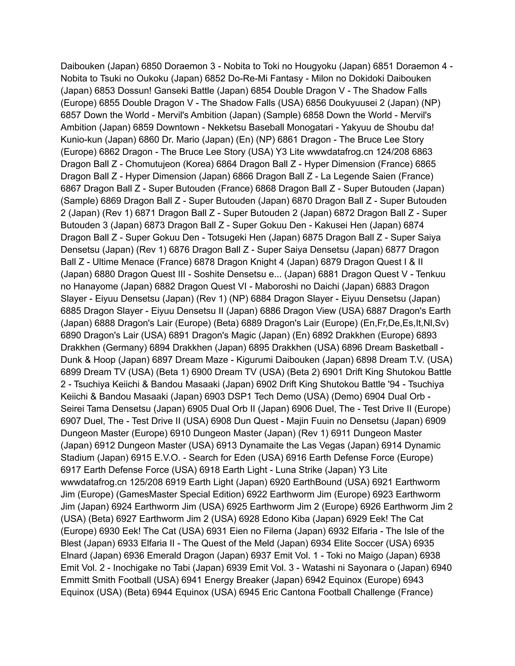 Daibouken (Japan) 6850 Doraemon 3 - Nobita to Toki no Hougyoku (Japan) 6851 Doraemon 4 -
Nobita to Tsuki no Oukoku (Japan) 6852 Do-Re-Mi Fantasy - Milon no Dokidoki Daibouken
(Japan) 6853 Dossun! Ganseki Battle (Japan) 6854 Double Dragon V - The Shadow Falls
(Europe) 6855 Double Dragon V - The Shadow Falls (USA) 6856 Doukyuusei 2 (Japan) (NP)
6857 Down the World - Mervil's Ambition (Japan) (Sample) 6858 Down the World - Mervil's
Ambition (Japan) 6859 Downtown - Nekketsu Baseball Monogatari - Yakyuu de Shoubu da!
Kunio-kun (Japan) 6860 Dr. Mario (Japan) (En) (NP) 6861 Dragon - The Bruce Lee Story
(Europe) 6862 Dragon - The Bruce Lee Story (USA) Y3 Lite wwwdatafrog.cn 124/208 6863
Dragon Ball Z - Chomutujeon (Korea) 6864 Dragon Ball Z - Hyper Dimension (France) 6865
Dragon Ball Z - Hyper Dimension (Japan) 6866 Dragon Ball Z - La Legende Saien (France)
6867 Dragon Ball Z - Super Butouden (France) 6868 Dragon Ball Z - Super Butouden (Japan)
(Sample) 6869 Dragon Ball Z - Super Butouden (Japan) 6870 Dragon Ball Z - Super Butouden
2 (Japan) (Rev 1) 6871 Dragon Ball Z - Super Butouden 2 (Japan) 6872 Dragon Ball Z - Super
Butouden 3 (Japan) 6873 Dragon Ball Z - Super Gokuu Den - Kakusei Hen (Japan) 6874
Dragon Ball Z - Super Gokuu Den - Totsugeki Hen (Japan) 6875 Dragon Ball Z - Super Saiya
Densetsu (Japan) (Rev 1) 6876 Dragon Ball Z - Super Saiya Densetsu (Japan) 6877 Dragon
Ball Z - Ultime Menace (France) 6878 Dragon Knight 4 (Japan) 6879 Dragon Quest I & II
(Japan) 6880 Dragon Quest III - Soshite Densetsu e... (Japan) 6881 Dragon Quest V - Tenkuu
no Hanayome (Japan) 6882 Dragon Quest VI - Maboroshi no Daichi (Japan) 6883 Dragon
Slayer - Eiyuu Densetsu (Japan) (Rev 1) (NP) 6884 Dragon Slayer - Eiyuu Densetsu (Japan)
6885 Dragon Slayer - Eiyuu Densetsu II (Japan) 6886 Dragon View (USA) 6887 Dragon's Earth
(Japan) 6888 Dragon's Lair (Europe) (Beta) 6889 Dragon's Lair (Europe) (En,Fr,De,Es,It,Nl,Sv)
6890 Dragon's Lair (USA) 6891 Dragon's Magic (Japan) (En) 6892 Drakkhen (Europe) 6893
Drakkhen (Germany) 6894 Drakkhen (Japan) 6895 Drakkhen (USA) 6896 Dream Basketball -
Dunk & Hoop (Japan) 6897 Dream Maze - Kigurumi Daibouken (Japan) 6898 Dream T.V. (USA)
6899 Dream TV (USA) (Beta 1) 6900 Dream TV (USA) (Beta 2) 6901 Drift King Shutokou Battle
2 - Tsuchiya Keiichi & Bandou Masaaki (Japan) 6902 Drift King Shutokou Battle '94 - Tsuchiya
Keiichi & Bandou Masaaki (Japan) 6903 DSP1 Tech Demo (USA) (Demo) 6904 Dual Orb -
Seirei Tama Densetsu (Japan) 6905 Dual Orb II (Japan) 6906 Duel, The - Test Drive II (Europe)
6907 Duel, The - Test Drive II (USA) 6908 Dun Quest - Majin Fuuin no Densetsu (Japan) 6909
Dungeon Master (Europe) 6910 Dungeon Master (Japan) (Rev 1) 6911 Dungeon Master
(Japan) 6912 Dungeon Master (USA) 6913 Dynamaite the Las Vegas (Japan) 6914 Dynamic
Stadium (Japan) 6915 E.V.O. - Search for Eden (USA) 6916 Earth Defense Force (Europe)
6917 Earth Defense Force (USA) 6918 Earth Light - Luna Strike (Japan) Y3 Lite
wwwdatafrog.cn 125/208 6919 Earth Light (Japan) 6920 EarthBound (USA) 6921 Earthworm
Jim (Europe) (GamesMaster Special Edition) 6922 Earthworm Jim (Europe) 6923 Earthworm
Jim (Japan) 6924 Earthworm Jim (USA) 6925 Earthworm Jim 2 (Europe) 6926 Earthworm Jim 2
(USA) (Beta) 6927 Earthworm Jim 2 (USA) 6928 Edono Kiba (Japan) 6929 Eek! The Cat
(Europe) 6930 Eek! The Cat (USA) 6931 Eien no Filerna (Japan) 6932 Elfaria - The Isle of the
Blest (Japan) 6933 Elfaria II - The Quest of the Meld (Japan) 6934 Elite Soccer (USA) 6935
Elnard (Japan) 6936 Emerald Dragon (Japan) 6937 Emit Vol. 1 - Toki no Maigo (Japan) 6938
Emit Vol. 2 - Inochigake no Tabi (Japan) 6939 Emit Vol. 3 - Watashi ni Sayonara o (Japan) 6940
Emmitt Smith Football (USA) 6941 Energy Breaker (Japan) 6942 Equinox (Europe) 6943
Equinox (USA) (Beta) 6944 Equinox (USA) 6945 Eric Cantona Football Challenge (France)
 