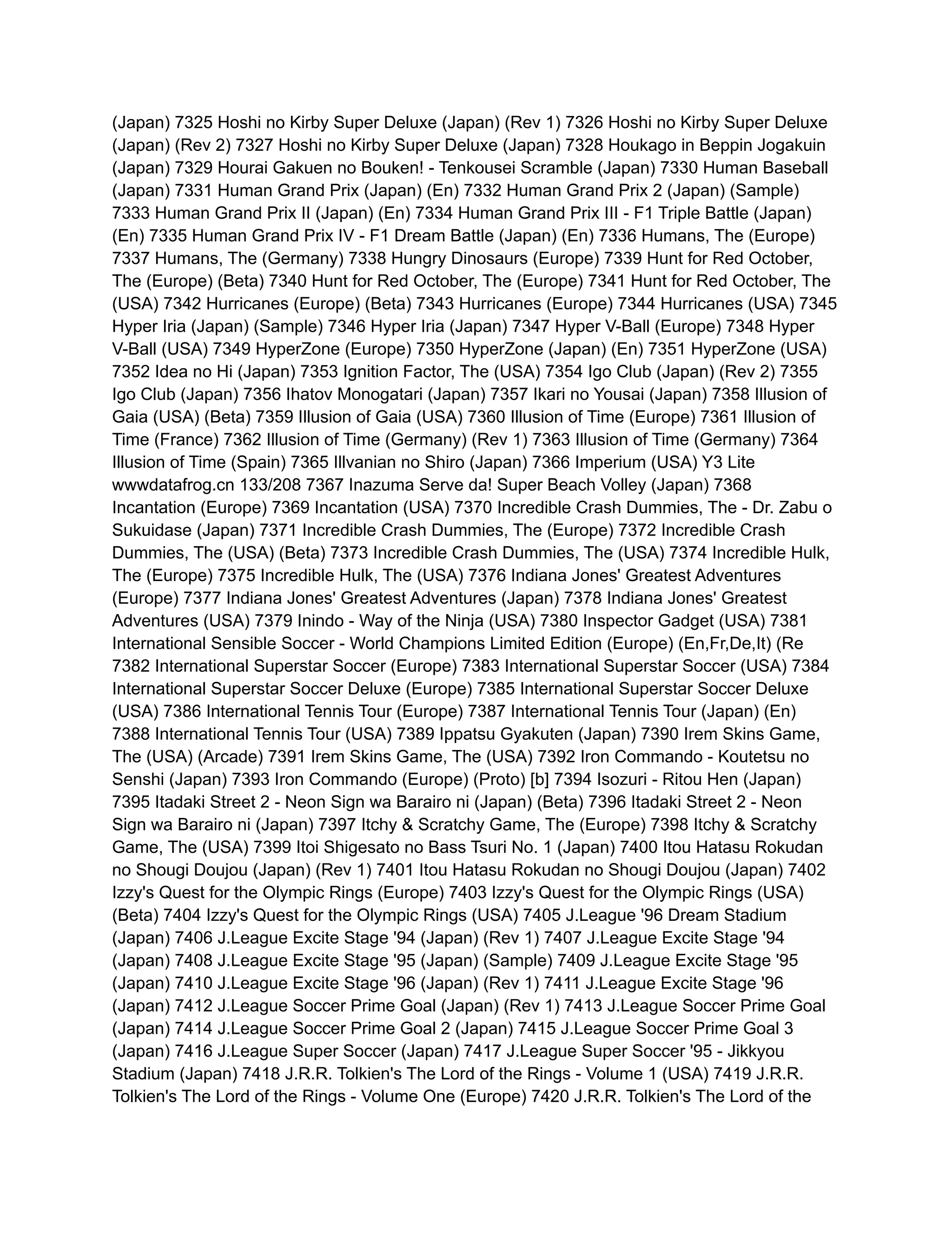 (Japan) 7325 Hoshi no Kirby Super Deluxe (Japan) (Rev 1) 7326 Hoshi no Kirby Super Deluxe
(Japan) (Rev 2) 7327 Hoshi no Kirby Super Deluxe (Japan) 7328 Houkago in Beppin Jogakuin
(Japan) 7329 Hourai Gakuen no Bouken! - Tenkousei Scramble (Japan) 7330 Human Baseball
(Japan) 7331 Human Grand Prix (Japan) (En) 7332 Human Grand Prix 2 (Japan) (Sample)
7333 Human Grand Prix II (Japan) (En) 7334 Human Grand Prix III - F1 Triple Battle (Japan)
(En) 7335 Human Grand Prix IV - F1 Dream Battle (Japan) (En) 7336 Humans, The (Europe)
7337 Humans, The (Germany) 7338 Hungry Dinosaurs (Europe) 7339 Hunt for Red October,
The (Europe) (Beta) 7340 Hunt for Red October, The (Europe) 7341 Hunt for Red October, The
(USA) 7342 Hurricanes (Europe) (Beta) 7343 Hurricanes (Europe) 7344 Hurricanes (USA) 7345
Hyper Iria (Japan) (Sample) 7346 Hyper Iria (Japan) 7347 Hyper V-Ball (Europe) 7348 Hyper
V-Ball (USA) 7349 HyperZone (Europe) 7350 HyperZone (Japan) (En) 7351 HyperZone (USA)
7352 Idea no Hi (Japan) 7353 Ignition Factor, The (USA) 7354 Igo Club (Japan) (Rev 2) 7355
Igo Club (Japan) 7356 Ihatov Monogatari (Japan) 7357 Ikari no Yousai (Japan) 7358 Illusion of
Gaia (USA) (Beta) 7359 Illusion of Gaia (USA) 7360 Illusion of Time (Europe) 7361 Illusion of
Time (France) 7362 Illusion of Time (Germany) (Rev 1) 7363 Illusion of Time (Germany) 7364
Illusion of Time (Spain) 7365 Illvanian no Shiro (Japan) 7366 Imperium (USA) Y3 Lite
wwwdatafrog.cn 133/208 7367 Inazuma Serve da! Super Beach Volley (Japan) 7368
Incantation (Europe) 7369 Incantation (USA) 7370 Incredible Crash Dummies, The - Dr. Zabu o
Sukuidase (Japan) 7371 Incredible Crash Dummies, The (Europe) 7372 Incredible Crash
Dummies, The (USA) (Beta) 7373 Incredible Crash Dummies, The (USA) 7374 Incredible Hulk,
The (Europe) 7375 Incredible Hulk, The (USA) 7376 Indiana Jones' Greatest Adventures
(Europe) 7377 Indiana Jones' Greatest Adventures (Japan) 7378 Indiana Jones' Greatest
Adventures (USA) 7379 Inindo - Way of the Ninja (USA) 7380 Inspector Gadget (USA) 7381
International Sensible Soccer - World Champions Limited Edition (Europe) (En,Fr,De,It) (Re
7382 International Superstar Soccer (Europe) 7383 International Superstar Soccer (USA) 7384
International Superstar Soccer Deluxe (Europe) 7385 International Superstar Soccer Deluxe
(USA) 7386 International Tennis Tour (Europe) 7387 International Tennis Tour (Japan) (En)
7388 International Tennis Tour (USA) 7389 Ippatsu Gyakuten (Japan) 7390 Irem Skins Game,
The (USA) (Arcade) 7391 Irem Skins Game, The (USA) 7392 Iron Commando - Koutetsu no
Senshi (Japan) 7393 Iron Commando (Europe) (Proto) [b] 7394 Isozuri - Ritou Hen (Japan)
7395 Itadaki Street 2 - Neon Sign wa Barairo ni (Japan) (Beta) 7396 Itadaki Street 2 - Neon
Sign wa Barairo ni (Japan) 7397 Itchy & Scratchy Game, The (Europe) 7398 Itchy & Scratchy
Game, The (USA) 7399 Itoi Shigesato no Bass Tsuri No. 1 (Japan) 7400 Itou Hatasu Rokudan
no Shougi Doujou (Japan) (Rev 1) 7401 Itou Hatasu Rokudan no Shougi Doujou (Japan) 7402
Izzy's Quest for the Olympic Rings (Europe) 7403 Izzy's Quest for the Olympic Rings (USA)
(Beta) 7404 Izzy's Quest for the Olympic Rings (USA) 7405 J.League '96 Dream Stadium
(Japan) 7406 J.League Excite Stage '94 (Japan) (Rev 1) 7407 J.League Excite Stage '94
(Japan) 7408 J.League Excite Stage '95 (Japan) (Sample) 7409 J.League Excite Stage '95
(Japan) 7410 J.League Excite Stage '96 (Japan) (Rev 1) 7411 J.League Excite Stage '96
(Japan) 7412 J.League Soccer Prime Goal (Japan) (Rev 1) 7413 J.League Soccer Prime Goal
(Japan) 7414 J.League Soccer Prime Goal 2 (Japan) 7415 J.League Soccer Prime Goal 3
(Japan) 7416 J.League Super Soccer (Japan) 7417 J.League Super Soccer '95 - Jikkyou
Stadium (Japan) 7418 J.R.R. Tolkien's The Lord of the Rings - Volume 1 (USA) 7419 J.R.R.
Tolkien's The Lord of the Rings - Volume One (Europe) 7420 J.R.R. Tolkien's The Lord of the
 