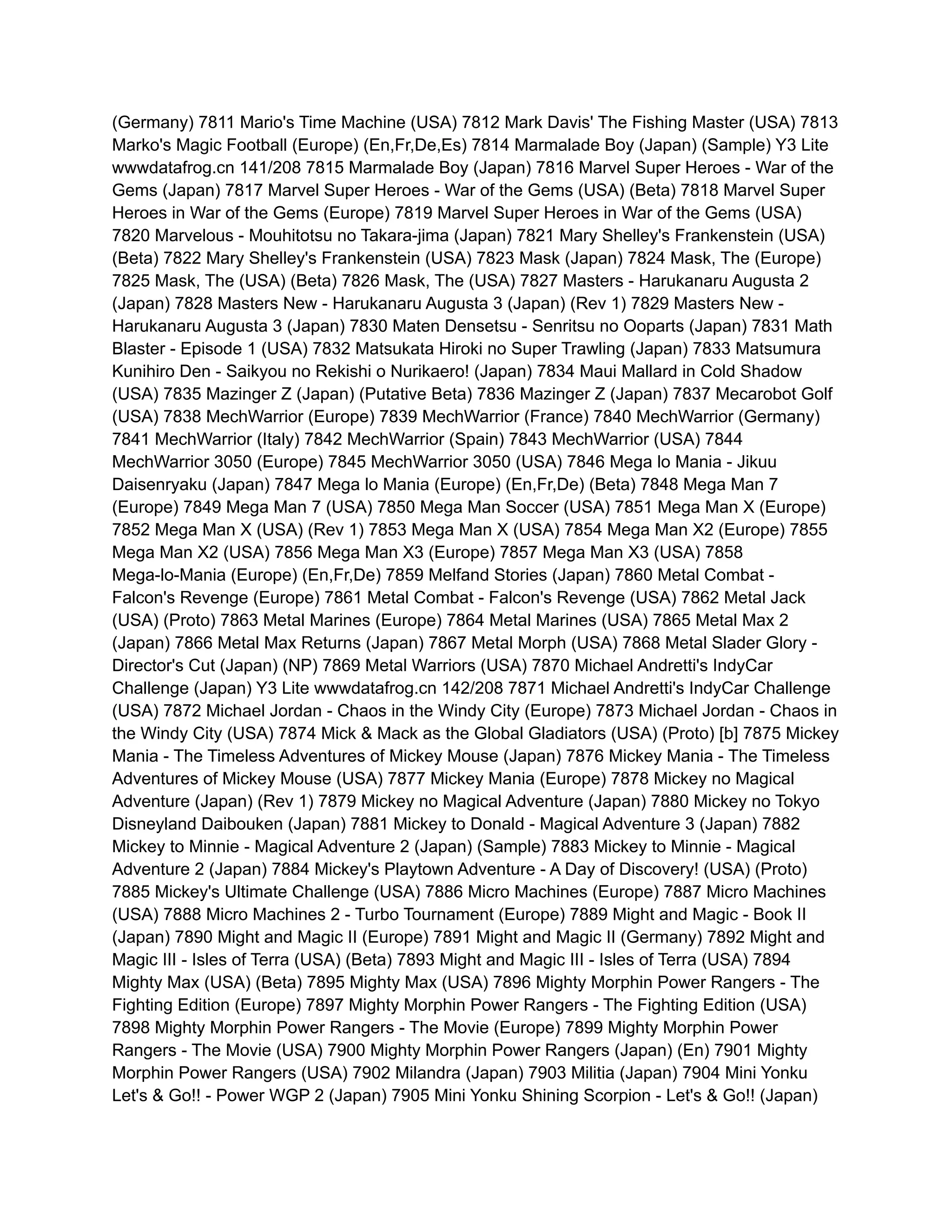 (Germany) 7811 Mario's Time Machine (USA) 7812 Mark Davis' The Fishing Master (USA) 7813
Marko's Magic Football (Europe) (En,Fr,De,Es) 7814 Marmalade Boy (Japan) (Sample) Y3 Lite
wwwdatafrog.cn 141/208 7815 Marmalade Boy (Japan) 7816 Marvel Super Heroes - War of the
Gems (Japan) 7817 Marvel Super Heroes - War of the Gems (USA) (Beta) 7818 Marvel Super
Heroes in War of the Gems (Europe) 7819 Marvel Super Heroes in War of the Gems (USA)
7820 Marvelous - Mouhitotsu no Takara-jima (Japan) 7821 Mary Shelley's Frankenstein (USA)
(Beta) 7822 Mary Shelley's Frankenstein (USA) 7823 Mask (Japan) 7824 Mask, The (Europe)
7825 Mask, The (USA) (Beta) 7826 Mask, The (USA) 7827 Masters - Harukanaru Augusta 2
(Japan) 7828 Masters New - Harukanaru Augusta 3 (Japan) (Rev 1) 7829 Masters New -
Harukanaru Augusta 3 (Japan) 7830 Maten Densetsu - Senritsu no Ooparts (Japan) 7831 Math
Blaster - Episode 1 (USA) 7832 Matsukata Hiroki no Super Trawling (Japan) 7833 Matsumura
Kunihiro Den - Saikyou no Rekishi o Nurikaero! (Japan) 7834 Maui Mallard in Cold Shadow
(USA) 7835 Mazinger Z (Japan) (Putative Beta) 7836 Mazinger Z (Japan) 7837 Mecarobot Golf
(USA) 7838 MechWarrior (Europe) 7839 MechWarrior (France) 7840 MechWarrior (Germany)
7841 MechWarrior (Italy) 7842 MechWarrior (Spain) 7843 MechWarrior (USA) 7844
MechWarrior 3050 (Europe) 7845 MechWarrior 3050 (USA) 7846 Mega lo Mania - Jikuu
Daisenryaku (Japan) 7847 Mega lo Mania (Europe) (En,Fr,De) (Beta) 7848 Mega Man 7
(Europe) 7849 Mega Man 7 (USA) 7850 Mega Man Soccer (USA) 7851 Mega Man X (Europe)
7852 Mega Man X (USA) (Rev 1) 7853 Mega Man X (USA) 7854 Mega Man X2 (Europe) 7855
Mega Man X2 (USA) 7856 Mega Man X3 (Europe) 7857 Mega Man X3 (USA) 7858
Mega-lo-Mania (Europe) (En,Fr,De) 7859 Melfand Stories (Japan) 7860 Metal Combat -
Falcon's Revenge (Europe) 7861 Metal Combat - Falcon's Revenge (USA) 7862 Metal Jack
(USA) (Proto) 7863 Metal Marines (Europe) 7864 Metal Marines (USA) 7865 Metal Max 2
(Japan) 7866 Metal Max Returns (Japan) 7867 Metal Morph (USA) 7868 Metal Slader Glory -
Director's Cut (Japan) (NP) 7869 Metal Warriors (USA) 7870 Michael Andretti's IndyCar
Challenge (Japan) Y3 Lite wwwdatafrog.cn 142/208 7871 Michael Andretti's IndyCar Challenge
(USA) 7872 Michael Jordan - Chaos in the Windy City (Europe) 7873 Michael Jordan - Chaos in
the Windy City (USA) 7874 Mick & Mack as the Global Gladiators (USA) (Proto) [b] 7875 Mickey
Mania - The Timeless Adventures of Mickey Mouse (Japan) 7876 Mickey Mania - The Timeless
Adventures of Mickey Mouse (USA) 7877 Mickey Mania (Europe) 7878 Mickey no Magical
Adventure (Japan) (Rev 1) 7879 Mickey no Magical Adventure (Japan) 7880 Mickey no Tokyo
Disneyland Daibouken (Japan) 7881 Mickey to Donald - Magical Adventure 3 (Japan) 7882
Mickey to Minnie - Magical Adventure 2 (Japan) (Sample) 7883 Mickey to Minnie - Magical
Adventure 2 (Japan) 7884 Mickey's Playtown Adventure - A Day of Discovery! (USA) (Proto)
7885 Mickey's Ultimate Challenge (USA) 7886 Micro Machines (Europe) 7887 Micro Machines
(USA) 7888 Micro Machines 2 - Turbo Tournament (Europe) 7889 Might and Magic - Book II
(Japan) 7890 Might and Magic II (Europe) 7891 Might and Magic II (Germany) 7892 Might and
Magic III - Isles of Terra (USA) (Beta) 7893 Might and Magic III - Isles of Terra (USA) 7894
Mighty Max (USA) (Beta) 7895 Mighty Max (USA) 7896 Mighty Morphin Power Rangers - The
Fighting Edition (Europe) 7897 Mighty Morphin Power Rangers - The Fighting Edition (USA)
7898 Mighty Morphin Power Rangers - The Movie (Europe) 7899 Mighty Morphin Power
Rangers - The Movie (USA) 7900 Mighty Morphin Power Rangers (Japan) (En) 7901 Mighty
Morphin Power Rangers (USA) 7902 Milandra (Japan) 7903 Militia (Japan) 7904 Mini Yonku
Let's & Go!! - Power WGP 2 (Japan) 7905 Mini Yonku Shining Scorpion - Let's & Go!! (Japan)
 
