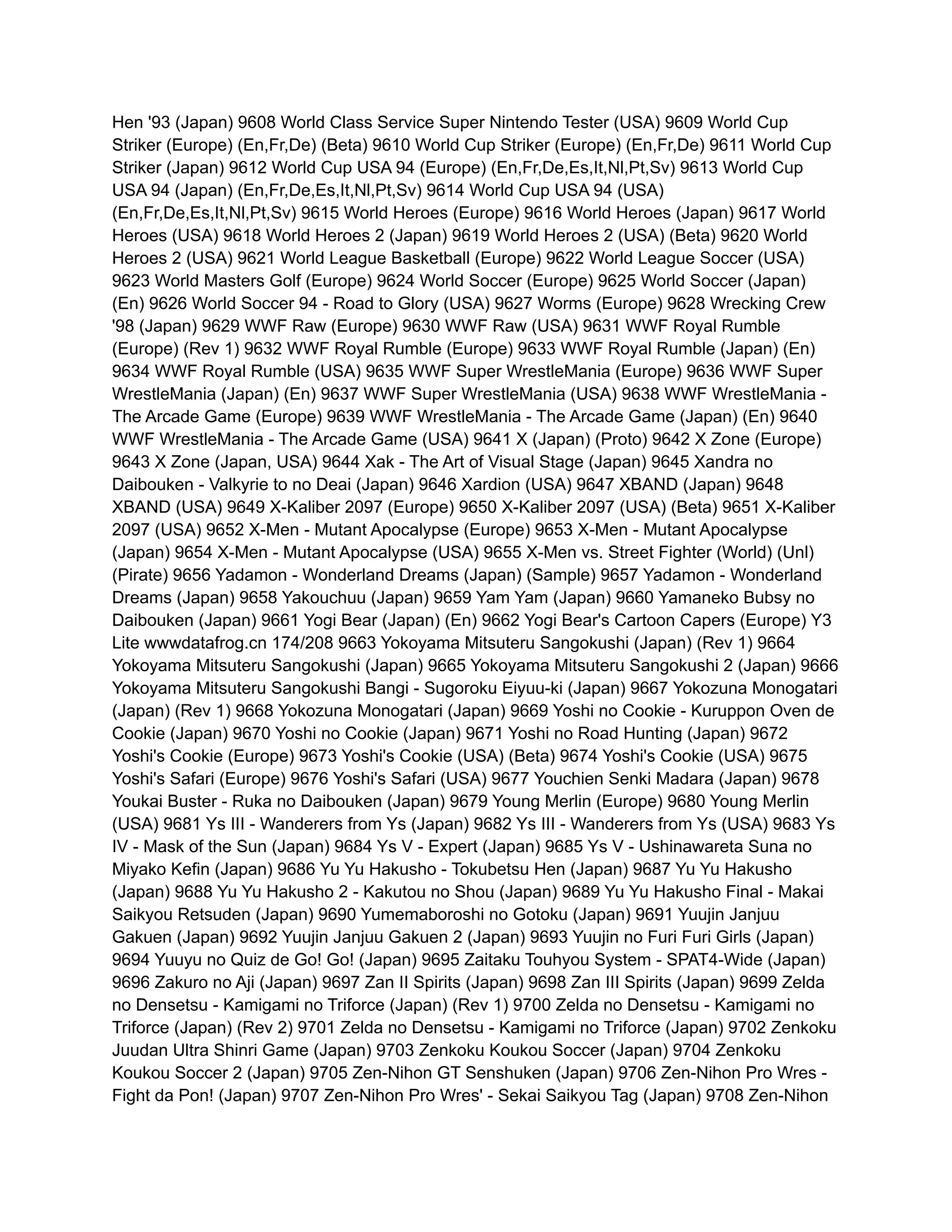 Hen '93 (Japan) 9608 World Class Service Super Nintendo Tester (USA) 9609 World Cup
Striker (Europe) (En,Fr,De) (Beta) 9610 World Cup Striker (Europe) (En,Fr,De) 9611 World Cup
Striker (Japan) 9612 World Cup USA 94 (Europe) (En,Fr,De,Es,It,Nl,Pt,Sv) 9613 World Cup
USA 94 (Japan) (En,Fr,De,Es,It,Nl,Pt,Sv) 9614 World Cup USA 94 (USA)
(En,Fr,De,Es,It,Nl,Pt,Sv) 9615 World Heroes (Europe) 9616 World Heroes (Japan) 9617 World
Heroes (USA) 9618 World Heroes 2 (Japan) 9619 World Heroes 2 (USA) (Beta) 9620 World
Heroes 2 (USA) 9621 World League Basketball (Europe) 9622 World League Soccer (USA)
9623 World Masters Golf (Europe) 9624 World Soccer (Europe) 9625 World Soccer (Japan)
(En) 9626 World Soccer 94 - Road to Glory (USA) 9627 Worms (Europe) 9628 Wrecking Crew
'98 (Japan) 9629 WWF Raw (Europe) 9630 WWF Raw (USA) 9631 WWF Royal Rumble
(Europe) (Rev 1) 9632 WWF Royal Rumble (Europe) 9633 WWF Royal Rumble (Japan) (En)
9634 WWF Royal Rumble (USA) 9635 WWF Super WrestleMania (Europe) 9636 WWF Super
WrestleMania (Japan) (En) 9637 WWF Super WrestleMania (USA) 9638 WWF WrestleMania -
The Arcade Game (Europe) 9639 WWF WrestleMania - The Arcade Game (Japan) (En) 9640
WWF WrestleMania - The Arcade Game (USA) 9641 X (Japan) (Proto) 9642 X Zone (Europe)
9643 X Zone (Japan, USA) 9644 Xak - The Art of Visual Stage (Japan) 9645 Xandra no
Daibouken - Valkyrie to no Deai (Japan) 9646 Xardion (USA) 9647 XBAND (Japan) 9648
XBAND (USA) 9649 X-Kaliber 2097 (Europe) 9650 X-Kaliber 2097 (USA) (Beta) 9651 X-Kaliber
2097 (USA) 9652 X-Men - Mutant Apocalypse (Europe) 9653 X-Men - Mutant Apocalypse
(Japan) 9654 X-Men - Mutant Apocalypse (USA) 9655 X-Men vs. Street Fighter (World) (Unl)
(Pirate) 9656 Yadamon - Wonderland Dreams (Japan) (Sample) 9657 Yadamon - Wonderland
Dreams (Japan) 9658 Yakouchuu (Japan) 9659 Yam Yam (Japan) 9660 Yamaneko Bubsy no
Daibouken (Japan) 9661 Yogi Bear (Japan) (En) 9662 Yogi Bear's Cartoon Capers (Europe) Y3
Lite wwwdatafrog.cn 174/208 9663 Yokoyama Mitsuteru Sangokushi (Japan) (Rev 1) 9664
Yokoyama Mitsuteru Sangokushi (Japan) 9665 Yokoyama Mitsuteru Sangokushi 2 (Japan) 9666
Yokoyama Mitsuteru Sangokushi Bangi - Sugoroku Eiyuu-ki (Japan) 9667 Yokozuna Monogatari
(Japan) (Rev 1) 9668 Yokozuna Monogatari (Japan) 9669 Yoshi no Cookie - Kuruppon Oven de
Cookie (Japan) 9670 Yoshi no Cookie (Japan) 9671 Yoshi no Road Hunting (Japan) 9672
Yoshi's Cookie (Europe) 9673 Yoshi's Cookie (USA) (Beta) 9674 Yoshi's Cookie (USA) 9675
Yoshi's Safari (Europe) 9676 Yoshi's Safari (USA) 9677 Youchien Senki Madara (Japan) 9678
Youkai Buster - Ruka no Daibouken (Japan) 9679 Young Merlin (Europe) 9680 Young Merlin
(USA) 9681 Ys III - Wanderers from Ys (Japan) 9682 Ys III - Wanderers from Ys (USA) 9683 Ys
IV - Mask of the Sun (Japan) 9684 Ys V - Expert (Japan) 9685 Ys V - Ushinawareta Suna no
Miyako Kefin (Japan) 9686 Yu Yu Hakusho - Tokubetsu Hen (Japan) 9687 Yu Yu Hakusho
(Japan) 9688 Yu Yu Hakusho 2 - Kakutou no Shou (Japan) 9689 Yu Yu Hakusho Final - Makai
Saikyou Retsuden (Japan) 9690 Yumemaboroshi no Gotoku (Japan) 9691 Yuujin Janjuu
Gakuen (Japan) 9692 Yuujin Janjuu Gakuen 2 (Japan) 9693 Yuujin no Furi Furi Girls (Japan)
9694 Yuuyu no Quiz de Go! Go! (Japan) 9695 Zaitaku Touhyou System - SPAT4-Wide (Japan)
9696 Zakuro no Aji (Japan) 9697 Zan II Spirits (Japan) 9698 Zan III Spirits (Japan) 9699 Zelda
no Densetsu - Kamigami no Triforce (Japan) (Rev 1) 9700 Zelda no Densetsu - Kamigami no
Triforce (Japan) (Rev 2) 9701 Zelda no Densetsu - Kamigami no Triforce (Japan) 9702 Zenkoku
Juudan Ultra Shinri Game (Japan) 9703 Zenkoku Koukou Soccer (Japan) 9704 Zenkoku
Koukou Soccer 2 (Japan) 9705 Zen-Nihon GT Senshuken (Japan) 9706 Zen-Nihon Pro Wres -
Fight da Pon! (Japan) 9707 Zen-Nihon Pro Wres' - Sekai Saikyou Tag (Japan) 9708 Zen-Nihon
 