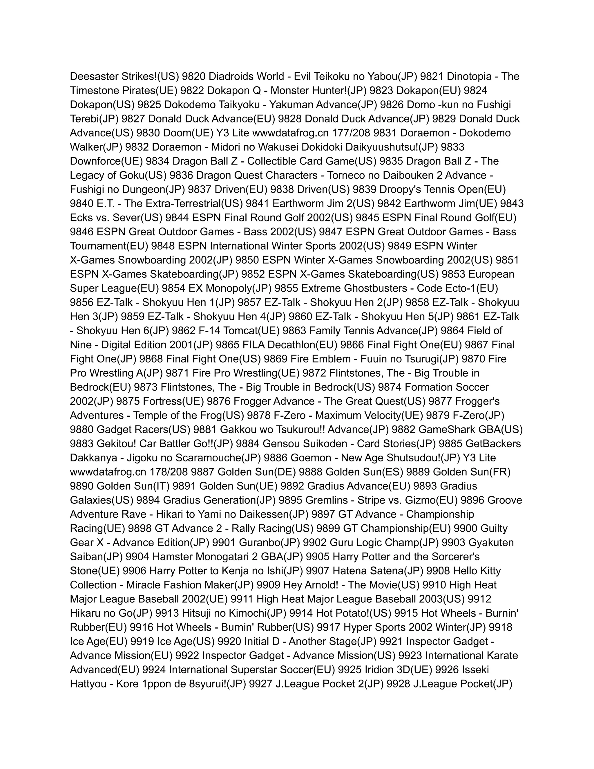 Deesaster Strikes!(US) 9820 Diadroids World - Evil Teikoku no Yabou(JP) 9821 Dinotopia - The
Timestone Pirates(UE) 9822 Dokapon Q - Monster Hunter!(JP) 9823 Dokapon(EU) 9824
Dokapon(US) 9825 Dokodemo Taikyoku - Yakuman Advance(JP) 9826 Domo -kun no Fushigi
Terebi(JP) 9827 Donald Duck Advance(EU) 9828 Donald Duck Advance(JP) 9829 Donald Duck
Advance(US) 9830 Doom(UE) Y3 Lite wwwdatafrog.cn 177/208 9831 Doraemon - Dokodemo
Walker(JP) 9832 Doraemon - Midori no Wakusei Dokidoki Daikyuushutsu!(JP) 9833
Downforce(UE) 9834 Dragon Ball Z - Collectible Card Game(US) 9835 Dragon Ball Z - The
Legacy of Goku(US) 9836 Dragon Quest Characters - Torneco no Daibouken 2 Advance -
Fushigi no Dungeon(JP) 9837 Driven(EU) 9838 Driven(US) 9839 Droopy's Tennis Open(EU)
9840 E.T. - The Extra-Terrestrial(US) 9841 Earthworm Jim 2(US) 9842 Earthworm Jim(UE) 9843
Ecks vs. Sever(US) 9844 ESPN Final Round Golf 2002(US) 9845 ESPN Final Round Golf(EU)
9846 ESPN Great Outdoor Games - Bass 2002(US) 9847 ESPN Great Outdoor Games - Bass
Tournament(EU) 9848 ESPN International Winter Sports 2002(US) 9849 ESPN Winter
X-Games Snowboarding 2002(JP) 9850 ESPN Winter X-Games Snowboarding 2002(US) 9851
ESPN X-Games Skateboarding(JP) 9852 ESPN X-Games Skateboarding(US) 9853 European
Super League(EU) 9854 EX Monopoly(JP) 9855 Extreme Ghostbusters - Code Ecto-1(EU)
9856 EZ-Talk - Shokyuu Hen 1(JP) 9857 EZ-Talk - Shokyuu Hen 2(JP) 9858 EZ-Talk - Shokyuu
Hen 3(JP) 9859 EZ-Talk - Shokyuu Hen 4(JP) 9860 EZ-Talk - Shokyuu Hen 5(JP) 9861 EZ-Talk
- Shokyuu Hen 6(JP) 9862 F-14 Tomcat(UE) 9863 Family Tennis Advance(JP) 9864 Field of
Nine - Digital Edition 2001(JP) 9865 FILA Decathlon(EU) 9866 Final Fight One(EU) 9867 Final
Fight One(JP) 9868 Final Fight One(US) 9869 Fire Emblem - Fuuin no Tsurugi(JP) 9870 Fire
Pro Wrestling A(JP) 9871 Fire Pro Wrestling(UE) 9872 Flintstones, The - Big Trouble in
Bedrock(EU) 9873 Flintstones, The - Big Trouble in Bedrock(US) 9874 Formation Soccer
2002(JP) 9875 Fortress(UE) 9876 Frogger Advance - The Great Quest(US) 9877 Frogger's
Adventures - Temple of the Frog(US) 9878 F-Zero - Maximum Velocity(UE) 9879 F-Zero(JP)
9880 Gadget Racers(US) 9881 Gakkou wo Tsukurou!! Advance(JP) 9882 GameShark GBA(US)
9883 Gekitou! Car Battler Go!!(JP) 9884 Gensou Suikoden - Card Stories(JP) 9885 GetBackers
Dakkanya - Jigoku no Scaramouche(JP) 9886 Goemon - New Age Shutsudou!(JP) Y3 Lite
wwwdatafrog.cn 178/208 9887 Golden Sun(DE) 9888 Golden Sun(ES) 9889 Golden Sun(FR)
9890 Golden Sun(IT) 9891 Golden Sun(UE) 9892 Gradius Advance(EU) 9893 Gradius
Galaxies(US) 9894 Gradius Generation(JP) 9895 Gremlins - Stripe vs. Gizmo(EU) 9896 Groove
Adventure Rave - Hikari to Yami no Daikessen(JP) 9897 GT Advance - Championship
Racing(UE) 9898 GT Advance 2 - Rally Racing(US) 9899 GT Championship(EU) 9900 Guilty
Gear X - Advance Edition(JP) 9901 Guranbo(JP) 9902 Guru Logic Champ(JP) 9903 Gyakuten
Saiban(JP) 9904 Hamster Monogatari 2 GBA(JP) 9905 Harry Potter and the Sorcerer's
Stone(UE) 9906 Harry Potter to Kenja no Ishi(JP) 9907 Hatena Satena(JP) 9908 Hello Kitty
Collection - Miracle Fashion Maker(JP) 9909 Hey Arnold! - The Movie(US) 9910 High Heat
Major League Baseball 2002(UE) 9911 High Heat Major League Baseball 2003(US) 9912
Hikaru no Go(JP) 9913 Hitsuji no Kimochi(JP) 9914 Hot Potato!(US) 9915 Hot Wheels - Burnin'
Rubber(EU) 9916 Hot Wheels - Burnin' Rubber(US) 9917 Hyper Sports 2002 Winter(JP) 9918
Ice Age(EU) 9919 Ice Age(US) 9920 Initial D - Another Stage(JP) 9921 Inspector Gadget -
Advance Mission(EU) 9922 Inspector Gadget - Advance Mission(US) 9923 International Karate
Advanced(EU) 9924 International Superstar Soccer(EU) 9925 Iridion 3D(UE) 9926 Isseki
Hattyou - Kore 1ppon de 8syurui!(JP) 9927 J.League Pocket 2(JP) 9928 J.League Pocket(JP)
 