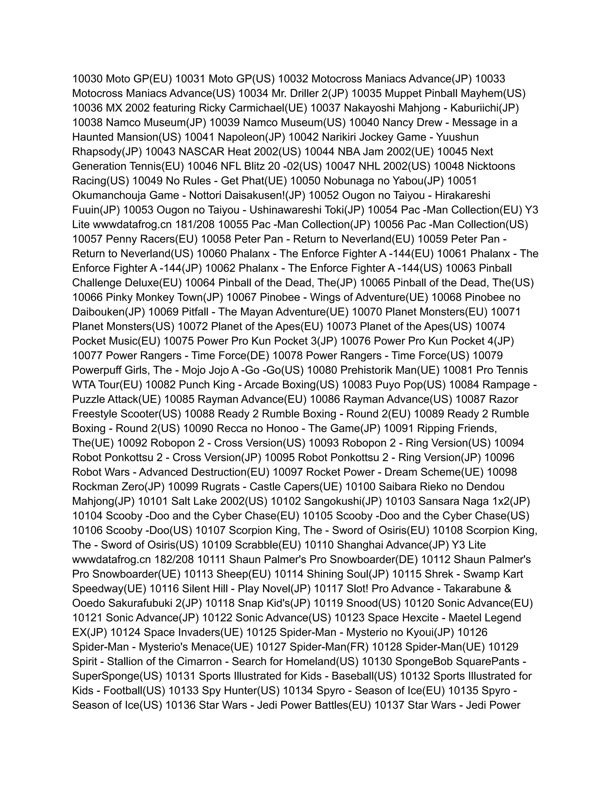 10030 Moto GP(EU) 10031 Moto GP(US) 10032 Motocross Maniacs Advance(JP) 10033
Motocross Maniacs Advance(US) 10034 Mr. Driller 2(JP) 10035 Muppet Pinball Mayhem(US)
10036 MX 2002 featuring Ricky Carmichael(UE) 10037 Nakayoshi Mahjong - Kaburiichi(JP)
10038 Namco Museum(JP) 10039 Namco Museum(US) 10040 Nancy Drew - Message in a
Haunted Mansion(US) 10041 Napoleon(JP) 10042 Narikiri Jockey Game - Yuushun
Rhapsody(JP) 10043 NASCAR Heat 2002(US) 10044 NBA Jam 2002(UE) 10045 Next
Generation Tennis(EU) 10046 NFL Blitz 20 -02(US) 10047 NHL 2002(US) 10048 Nicktoons
Racing(US) 10049 No Rules - Get Phat(UE) 10050 Nobunaga no Yabou(JP) 10051
Okumanchouja Game - Nottori Daisakusen!(JP) 10052 Ougon no Taiyou - Hirakareshi
Fuuin(JP) 10053 Ougon no Taiyou - Ushinawareshi Toki(JP) 10054 Pac -Man Collection(EU) Y3
Lite wwwdatafrog.cn 181/208 10055 Pac -Man Collection(JP) 10056 Pac -Man Collection(US)
10057 Penny Racers(EU) 10058 Peter Pan - Return to Neverland(EU) 10059 Peter Pan -
Return to Neverland(US) 10060 Phalanx - The Enforce Fighter A -144(EU) 10061 Phalanx - The
Enforce Fighter A -144(JP) 10062 Phalanx - The Enforce Fighter A -144(US) 10063 Pinball
Challenge Deluxe(EU) 10064 Pinball of the Dead, The(JP) 10065 Pinball of the Dead, The(US)
10066 Pinky Monkey Town(JP) 10067 Pinobee - Wings of Adventure(UE) 10068 Pinobee no
Daibouken(JP) 10069 Pitfall - The Mayan Adventure(UE) 10070 Planet Monsters(EU) 10071
Planet Monsters(US) 10072 Planet of the Apes(EU) 10073 Planet of the Apes(US) 10074
Pocket Music(EU) 10075 Power Pro Kun Pocket 3(JP) 10076 Power Pro Kun Pocket 4(JP)
10077 Power Rangers - Time Force(DE) 10078 Power Rangers - Time Force(US) 10079
Powerpuff Girls, The - Mojo Jojo A -Go -Go(US) 10080 Prehistorik Man(UE) 10081 Pro Tennis
WTA Tour(EU) 10082 Punch King - Arcade Boxing(US) 10083 Puyo Pop(US) 10084 Rampage -
Puzzle Attack(UE) 10085 Rayman Advance(EU) 10086 Rayman Advance(US) 10087 Razor
Freestyle Scooter(US) 10088 Ready 2 Rumble Boxing - Round 2(EU) 10089 Ready 2 Rumble
Boxing - Round 2(US) 10090 Recca no Honoo - The Game(JP) 10091 Ripping Friends,
The(UE) 10092 Robopon 2 - Cross Version(US) 10093 Robopon 2 - Ring Version(US) 10094
Robot Ponkottsu 2 - Cross Version(JP) 10095 Robot Ponkottsu 2 - Ring Version(JP) 10096
Robot Wars - Advanced Destruction(EU) 10097 Rocket Power - Dream Scheme(UE) 10098
Rockman Zero(JP) 10099 Rugrats - Castle Capers(UE) 10100 Saibara Rieko no Dendou
Mahjong(JP) 10101 Salt Lake 2002(US) 10102 Sangokushi(JP) 10103 Sansara Naga 1x2(JP)
10104 Scooby -Doo and the Cyber Chase(EU) 10105 Scooby -Doo and the Cyber Chase(US)
10106 Scooby -Doo(US) 10107 Scorpion King, The - Sword of Osiris(EU) 10108 Scorpion King,
The - Sword of Osiris(US) 10109 Scrabble(EU) 10110 Shanghai Advance(JP) Y3 Lite
wwwdatafrog.cn 182/208 10111 Shaun Palmer's Pro Snowboarder(DE) 10112 Shaun Palmer's
Pro Snowboarder(UE) 10113 Sheep(EU) 10114 Shining Soul(JP) 10115 Shrek - Swamp Kart
Speedway(UE) 10116 Silent Hill - Play Novel(JP) 10117 Slot! Pro Advance - Takarabune &
Ooedo Sakurafubuki 2(JP) 10118 Snap Kid's(JP) 10119 Snood(US) 10120 Sonic Advance(EU)
10121 Sonic Advance(JP) 10122 Sonic Advance(US) 10123 Space Hexcite - Maetel Legend
EX(JP) 10124 Space Invaders(UE) 10125 Spider-Man - Mysterio no Kyoui(JP) 10126
Spider-Man - Mysterio's Menace(UE) 10127 Spider-Man(FR) 10128 Spider-Man(UE) 10129
Spirit - Stallion of the Cimarron - Search for Homeland(US) 10130 SpongeBob SquarePants -
SuperSponge(US) 10131 Sports Illustrated for Kids - Baseball(US) 10132 Sports Illustrated for
Kids - Football(US) 10133 Spy Hunter(US) 10134 Spyro - Season of Ice(EU) 10135 Spyro -
Season of Ice(US) 10136 Star Wars - Jedi Power Battles(EU) 10137 Star Wars - Jedi Power
 