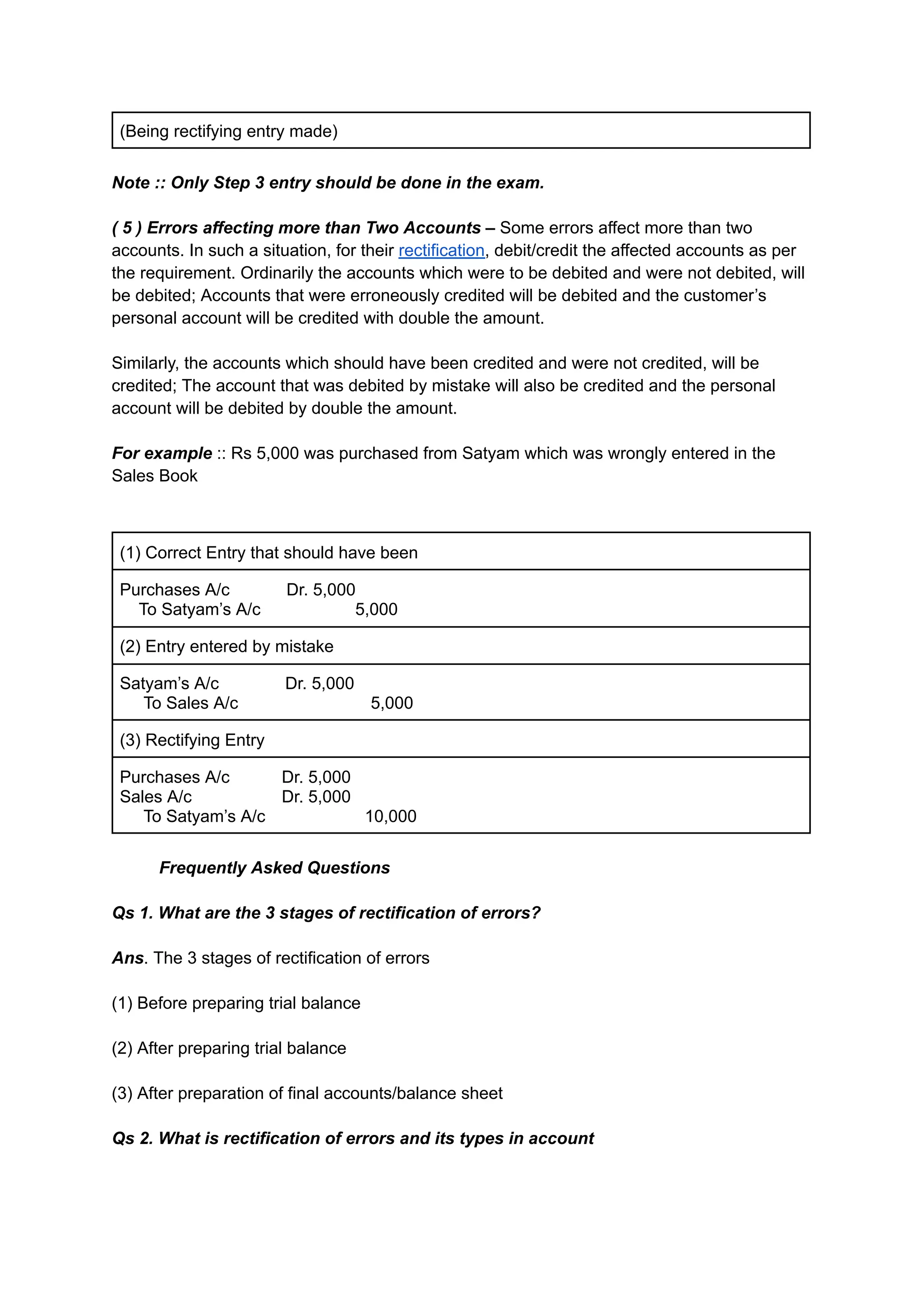 (Being rectifying entry made)
Note :: Only Step 3 entry should be done in the exam.
( 5 ) Errors affecting more than Two Accounts – Some errors affect more than two
accounts. In such a situation, for their rectification, debit/credit the affected accounts as per
the requirement. Ordinarily the accounts which were to be debited and were not debited, will
be debited; Accounts that were erroneously credited will be debited and the customer’s
personal account will be credited with double the amount.
Similarly, the accounts which should have been credited and were not credited, will be
credited; The account that was debited by mistake will also be credited and the personal
account will be debited by double the amount.
For example :: Rs 5,000 was purchased from Satyam which was wrongly entered in the
Sales Book
(1) Correct Entry that should have been
Purchases A/c Dr. 5,000
To Satyam’s A/c 5,000
(2) Entry entered by mistake
Satyam’s A/c Dr. 5,000
To Sales A/c 5,000
(3) Rectifying Entry
Purchases A/c Dr. 5,000
Sales A/c Dr. 5,000
To Satyam’s A/c 10,000
Frequently Asked Questions
Qs 1. What are the 3 stages of rectification of errors?
Ans. The 3 stages of rectification of errors
(1) Before preparing trial balance
(2) After preparing trial balance
(3) After preparation of final accounts/balance sheet
Qs 2. What is rectification of errors and its types in account
 
