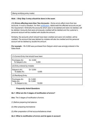 (Being rectifying entry made)
Note :: Only Step 3 entry should be done in the exam.
( 5 ) Errors affecting more than Two Accounts – Some errors affect more than two
accounts. In such a situation, for their rectification, debit/credit the affected accounts as per
the requirement. Ordinarily the accounts which were to be debited and were not debited, will
be debited; Accounts that were erroneously credited will be debited and the customer’s
personal account will be credited with double the amount.
Similarly, the accounts which should have been credited and were not credited, will be
credited; The account that was debited by mistake will also be credited and the personal
account will be debited by double the amount.
For example :: Rs 5,000 was purchased from Satyam which was wrongly entered in the
Sales Book
(1) Correct Entry that should have been
Purchases A/c Dr. 5,000
To Satyam’s A/c 5,000
(2) Entry entered by mistake
Satyam’s A/c Dr. 5,000
To Sales A/c 5,000
(3) Rectifying Entry
Purchases A/c Dr. 5,000
Sales A/c Dr. 5,000
To Satyam’s A/c 10,000
Frequently Asked Questions
Qs 1. What are the 3 stages of rectification of errors?
Ans. The 3 stages of rectification of errors
(1) Before preparing trial balance
(2) After preparing trial balance
(3) After preparation of final accounts/balance sheet
Qs 2. What is rectification of errors and its types in account
 