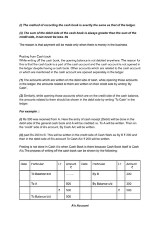 (i) The method of recording the cash book is exactly the same as that of the ledger.
(ii) The sum of the debit side of the cash book is always greater than the sum of the
credit side, it can never be less. Its
The reason is that payment will be made only when there is money in the business
Posting from Cash book
While writing off the cash book, the opening balance is not debited anywhere. The reason for
this is that the cash book is a part of the cash account and the cash account is not opened in
the ledger despite having a cash book. Other accounts which are related to the cash account
or which are mentioned in the cash account are opened separately in the ledger.
(1) The accounts which are written on the debit side of cash, while opening those accounts
in the ledger, the amounts related to them are written on their credit side by writing ‘By
Cash’.
(2) Similarly, while opening those accounts which are on the credit side of the cash balance,
the amounts related to them should be shown in the debit side by writing ‘To Cash’ in the
ledger.
For example ::
(i) Rs 500 was received from A. Here the entry of cash receipt (Debit) will be done in the
debit side of the general cash book and A will be credited i.e. To A will be written. Then on
the ‘credit’ side of A’s account, By Cash A/c will be written.
(ii) paid Rs 200 to B. This will be written in the credit side of Cash Wahi as By B ₹ 200 and
then in the debit side of B’s ​
​
account To Cash A/c ₹ 200 will be written.
Posting is not done in Cash A/c when Cash Book is there because Cash Book itself is Cash
A/c.The process of writing off the cash book can be shown by the following:
Date Particular LF. Amount
₹
Date Particular LF. Amount
₹
To Balance b/d …….. By B 200
To A 500 By Balance c/d 300
₹ 500 ₹ 500
To Balance b/d 500
A’s Account
 
