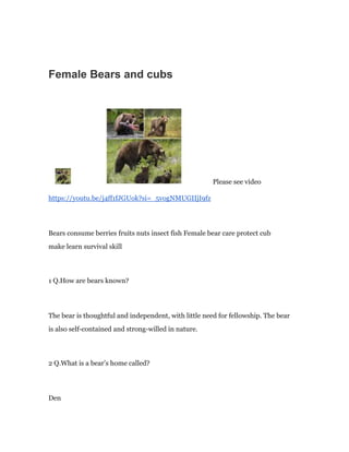 Female Bears and cubs
Please see video
https://youtu.be/j4ff1fJGUok?si=_5vogNMUGIIjI9fz
Bears consume berries fruits nuts insect fish Female bear care protect cub
make learn survival skill
1 Q.How are bears known?
The bear is thoughtful and independent, with little need for fellowship. The bear
is also self-contained and strong-willed in nature.
2 Q.What is a bear’s home called?
Den
 