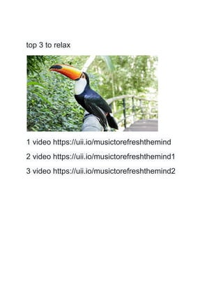 top 3 to relax
1 video https://uii.io/musictorefreshthemind
2 video https://uii.io/musictorefreshthemind1
3 video https://uii.io/musictorefreshthemind2
 