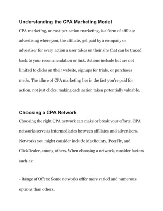 Kickstarting Your Earnings: A Beginner’s Guide to CPA Marketing | PDF