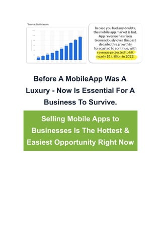 Before A MobileApp Was A
Luxury - Now Is Essential For A
Business To Survive.
Selling Mobile Apps to
Businesses Is The Hottest &
Easiest Opportunity Right Now
 