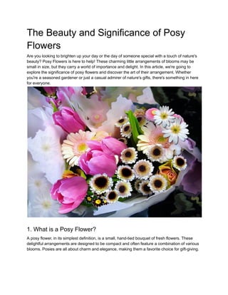 The Beauty and Significance of Posy
Flowers
Are you looking to brighten up your day or the day of someone special with a touch of nature's
beauty? Posy Flowers is here to help! These charming little arrangements of blooms may be
small in size, but they carry a world of importance and delight. In this article, we're going to
explore the significance of posy flowers and discover the art of their arrangement. Whether
you're a seasoned gardener or just a casual admirer of nature's gifts, there's something in here
for everyone.
1. What is a Posy Flower?
A posy flower, in its simplest definition, is a small, hand-tied bouquet of fresh flowers. These
delightful arrangements are designed to be compact and often feature a combination of various
blooms. Posies are all about charm and elegance, making them a favorite choice for gift-giving.
 