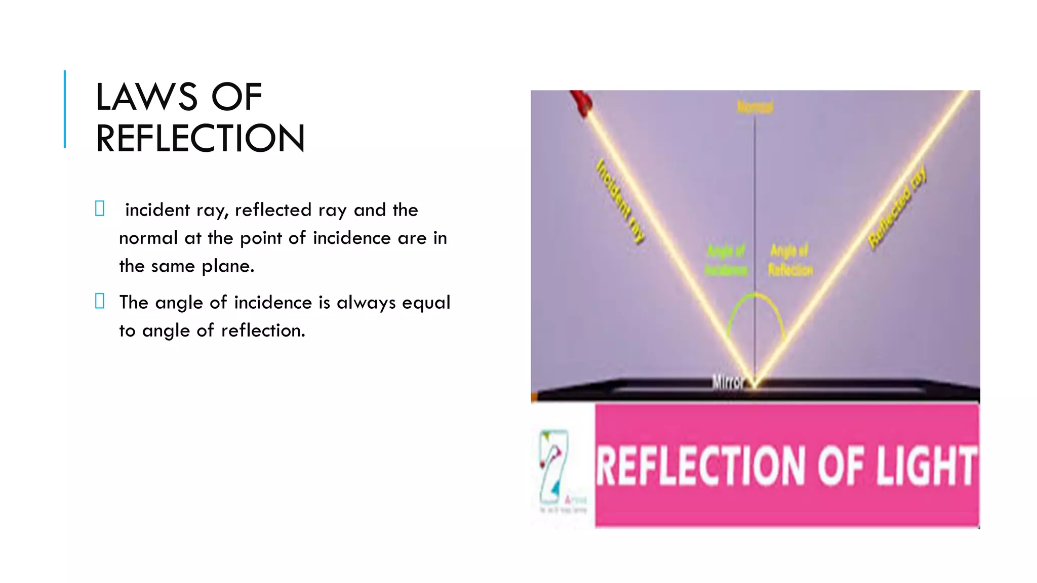 LAWS OF
REFLECTION
incident ray, reflected ray and the
normal at the point of incidence are in
the same plane.
The angle of incidence is always equal
to angle of reflection.
 