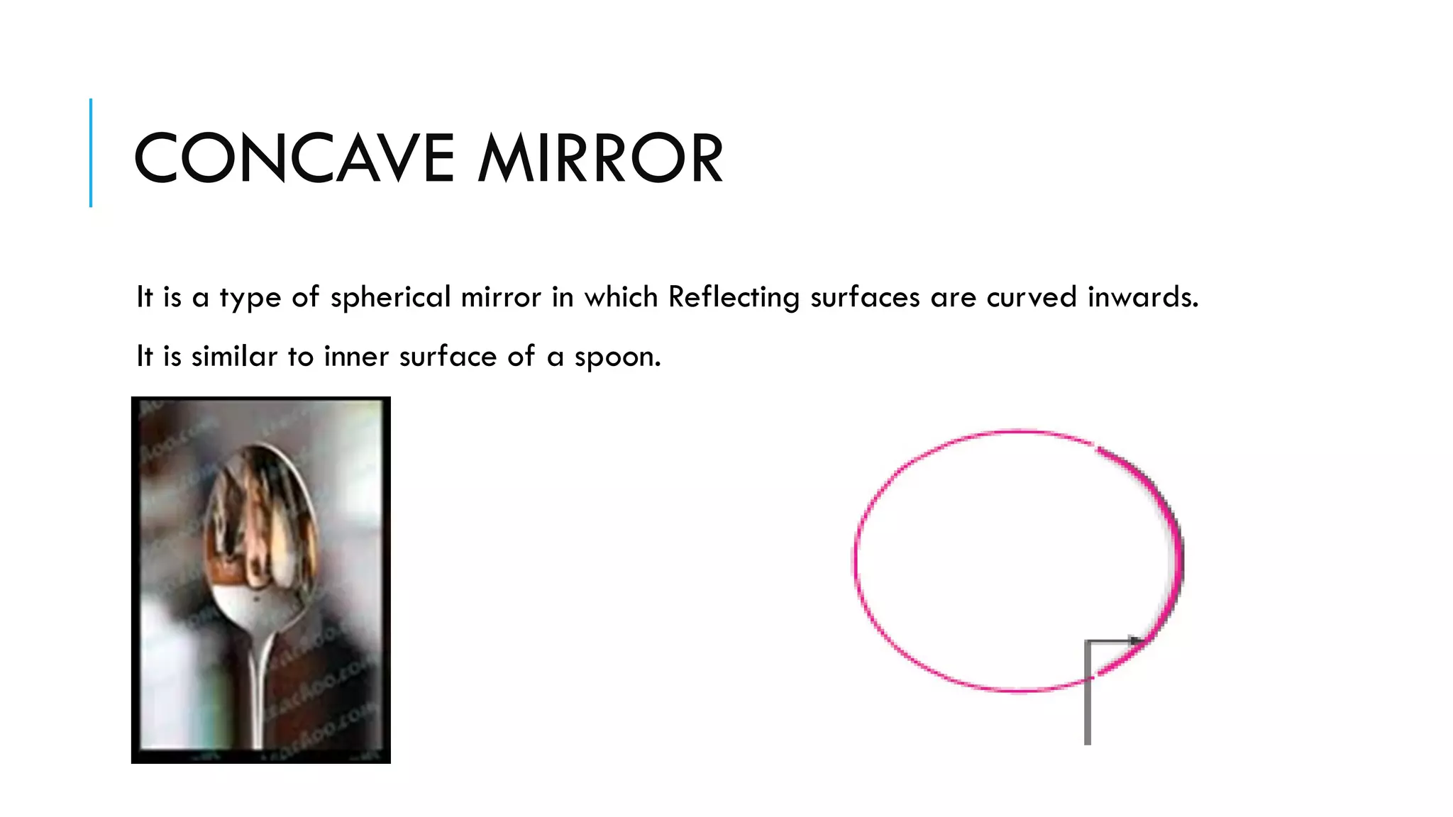 CONCAVE MIRROR
It is a type of spherical mirror in which Reflecting surfaces are curved inwards.
It is similar to inner surface of a spoon.
 