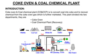 COKE OVEN & COAL CHEMICAL PLANT
Coke oven & Coal chemical plant (CO&CCP) is to convert coal into coke and to recover
chemical from the coke oven gas which is further marketed. This plant divided into two
departments, they are
• Coke Oven
• Coal Chemical Plant (Recovery)
INTRODUCTION:
 