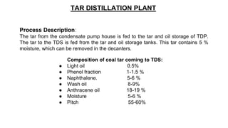TAR DISTILLATION PLANT
Composition of coal tar coming to TDS:
● Light oil 0.5%
● Phenol fraction 1-1.5 %
● Naphthalene. 5-6 %
● Wash oil 8-9%
● Anthracene oil 18-19 %
● Moisture 5-6 %
● Pitch 55-60%
Process Description:
The tar from the condensate pump house is fed to the tar and oil storage of TDP.
The tar to the TDS is fed from the tar and oil storage tanks. This tar contains 5 %
moisture, which can be removed in the decanters.
 
