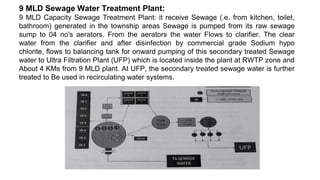 9 MLD Sewage Water Treatment Plant:
9 MLD Capacity Sewage Treatment Plant: it receive Sewage (.e. from kitchen, toilet,
bathroom) generated in the township areas Sewage is pumped from its raw sewage
sump to 04 no's aerators. From the aerators the water Flows to clarifier. The clear
water from the clarifier and after disinfection by commercial grade Sodium hypo
chlorite, flows to balancing tank for onward pumping of this secondary treated Sewage
water to Ultra Filtration Plant (UFP) which is located inside the plant at RWTP zone and
About 4 KMs from 9 MLD plant. At UFP, the secondary treated sewage water is further
treated to Be used in recirculating water systems.
 