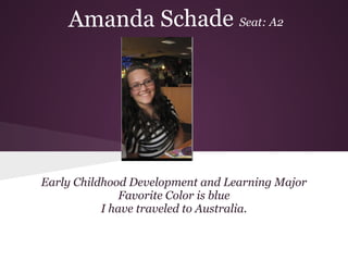 Amanda Schade Seat: A2




Early Childhood Development and Learning Major
               Favorite Color is blue
           I have traveled to Australia.
 