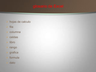  hojas de calculo
 fila
 columna
 celdas
 libro
 rango
 grafica
 formula
 dato
glosario de Excel
 