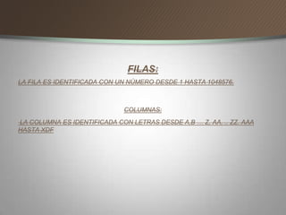 FILAS:
LA FILA ES IDENTIFICADA CON UN NÚMERO DESDE 1 HASTA 1048576.
COLUMNAS:
LA COLUMNA ES IDENTIFICADA CON LETRAS DESDE A,B … Z, AA, .. ZZ. AAA
HASTA XDF