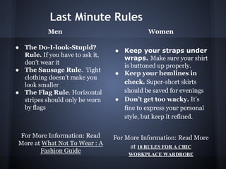 Last Minute Rules
● The Do-I-look-Stupid?
Rule. If you have to ask it,
don’t wear it
● The Sausage Rule. Tight
clothing doesn’t make you
look smaller
● The Flag Rule. Horizontal
stripes should only be worn
by flags
For More Information: Read
More at What Not To Wear : A
Fashion Guide
● Keep your straps under
wraps. Make sure your shirt
is buttoned up properly.
● Keep your hemlines in
check. Super-short skirts
should be saved for evenings
● Don’t get too wacky. It’s
fine to express your personal
style, but keep it refined.
For More Information: Read More
at 10 RULES FOR A CHIC
WORKPLACE WARDROBE
Men Women
 