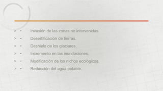 > • Invasión de las zonas no intervenidas. 
> • Desertificación de tierras. 
> • Deshielo de los glaciares. 
> • Incremento en las inundaciones. 
> • Modificación de los nichos ecológicos. 
> • Reducción del agua potable. 
 