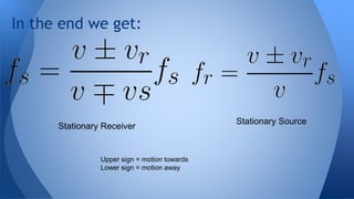 In the end we get:
Stationary Source
Stationary Receiver
Upper sign = motion towards
Lower sign = motion away
 