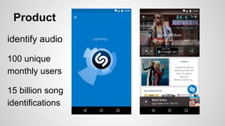 Product
identify audio
100 unique
monthly users
15 billion song
identifications