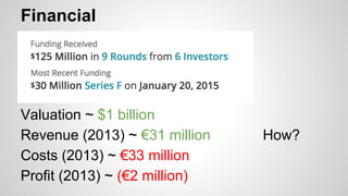 Financial
Valuation ~ $1 billion
Revenue (2013) ~ €31 million How?
Costs (2013) ~ €33 million
Profit (2013) ~ (€2 million)