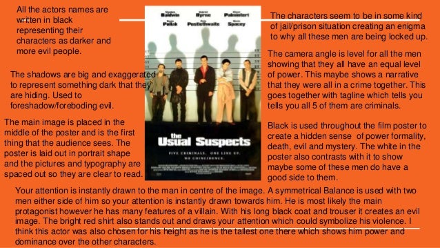 an analysis of the usual suspects The usual suspects in this film there is a variety of very different, interesting characters including: michael mcmanus (stephen baldwin) - this character is a very strange. an analysis of the usual suspects The usual suspects in this film there is a variety of very different, interesting characters including: michael mcmanus (stephen baldwin) - this character is a very strange.