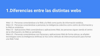 1.Diferencias entre las distintas webs
Web 1.0 - Personas conectándose a la Web y la Web como punto de información estática.
Web 2.0 - Personas conectándose a personas, la inteligencia colectiva como centro de información y
la Web es sintáctica.
Web 3.0 - Aplicaciones Web conectándose a aplicaciones Web, las personas siguen siendo el centro
de la información y la Web es semántica.
Web 4.0 - Personas conectándose con Personas y aplicaciones Web de forma ubicua, se añaden
tecnologías como la Inteligencia Artificial, la Voz como vehículo de intercomunicación para formar
una Web Total.
 