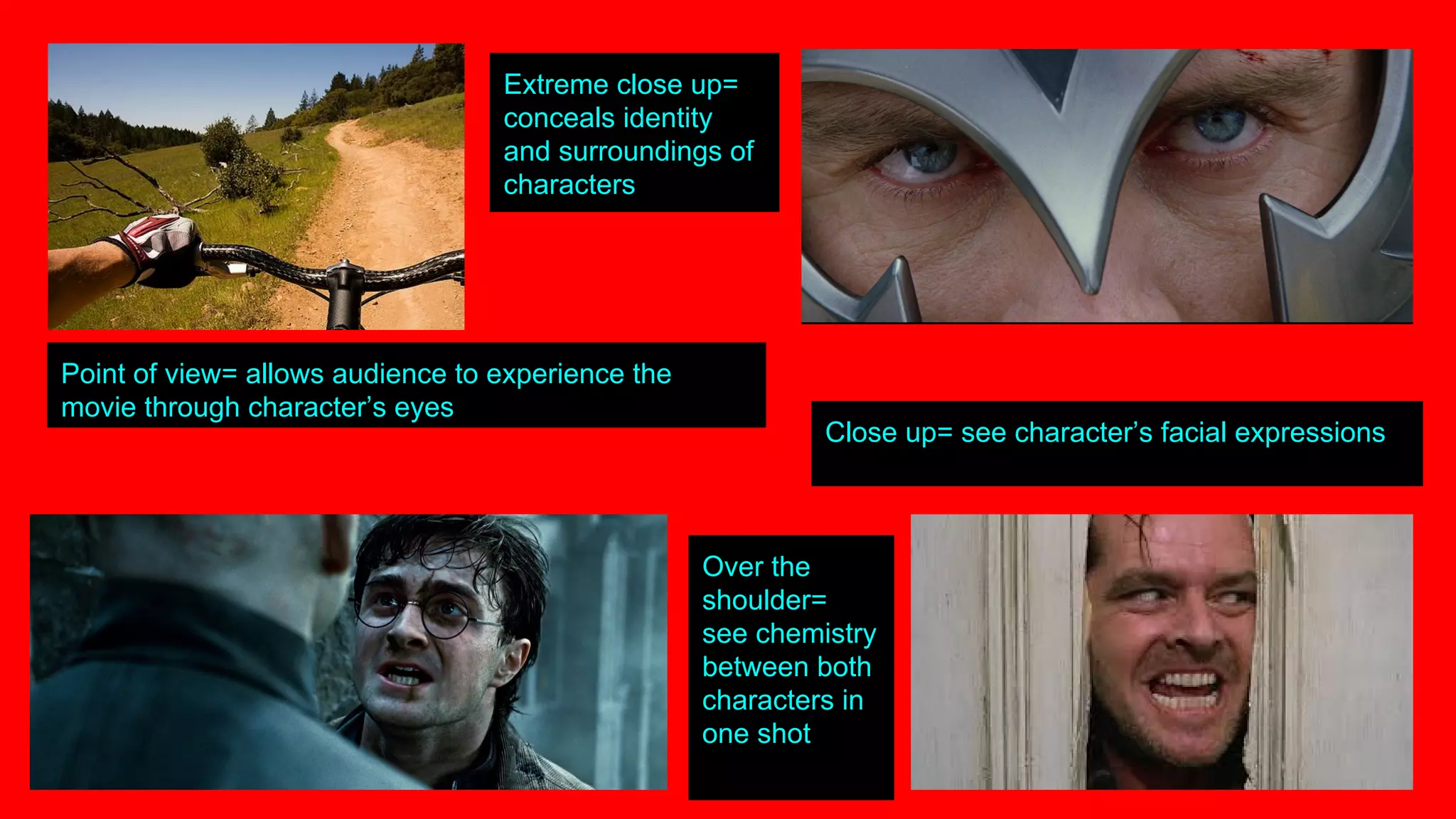 Point of view= allows audience to experience the
movie through character’s eyes
Over the
shoulder=
see chemistry
between both
characters in
one shot
Extreme close up=
conceals identity
and surroundings of
characters
Close up= see character’s facial expressions
 