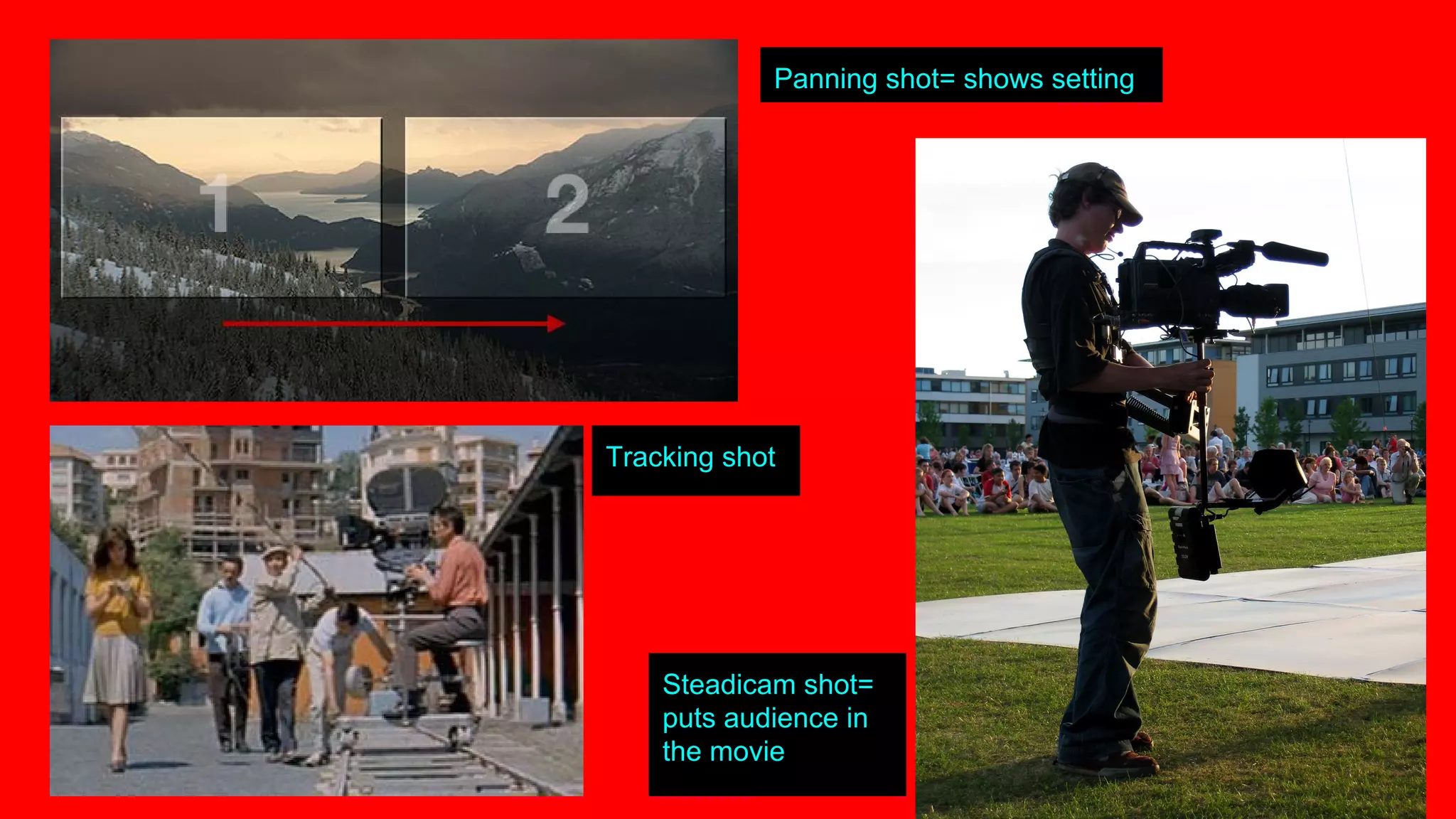 Panning shot= shows setting
Tracking shot
Steadicam shot=
puts audience in
the movie
 