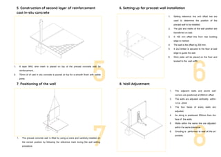 7 8
5 1. The adjacent walls and plumb wall
corners are positioned at 200mm offset
2. The walls are adjusted verticality within
+2 or –2mm
3. The four faces of every walls are
adjusted
4. An string is positioned 250mm from the
face of the walls.
5. Walls within the same line are adjusted
within the same tolerance
6. Grouting is performed to seal all the air
pockets.
61. A layer BRC wire mesh is placed on top of the precast concrete slab for
reinforcement..
2. 75mm of of cast in situ concrete is poured on top for a smooth finish with visible
joints.
6. Setting up for precast wall installation
1. Setting reference line and offset line are
used to determine the position of the
precast wall to be installed.
2. The grid and marks of the wall position are
transferred on slab
3. A 100 mm offset line from rear building
edge is marked.
4. The wall is the offset by 200 mm.
5. A 2x2 timber is secured to the floor at wall
edge to guide the wall.
6. Shim plate will be placed on the floor and
leveled to the wall soffit.
7. Positioning of the wall
1. The precast concrete wall is lifted by using a crane and carefully installed on
the correct position by following the reference mark during the wall setting
procedure.
8. Wall Adjustment
5. Construction of second layer of reinforcement
cast in-situ concrete
 