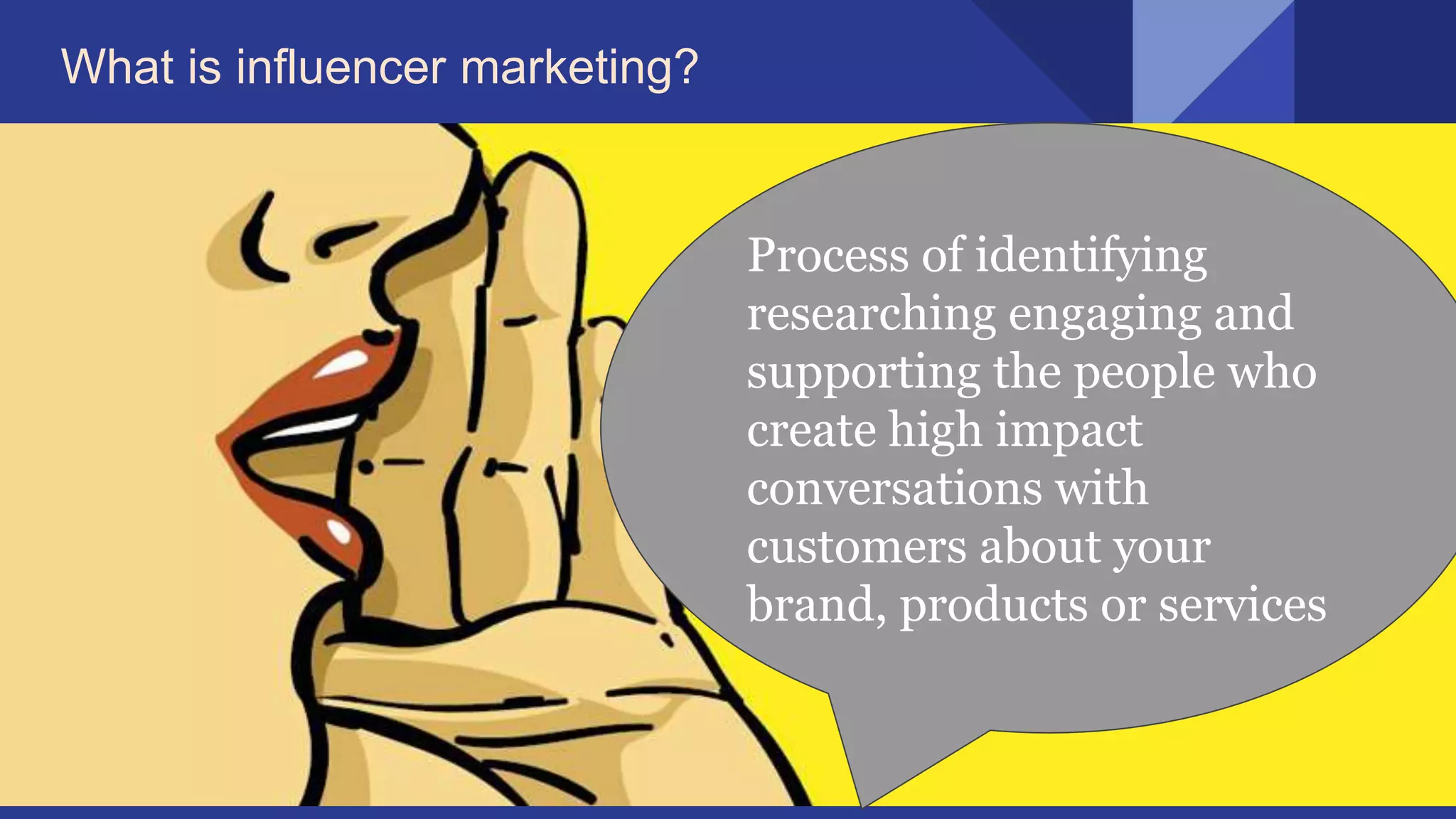 What is influencer marketing?
Process of identifying
researching engaging and
supporting the people who
create high impact
conversations with
customers about your
brand, products or services