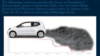 The Volkswagen emissions scandal, also known as Dieselgate or
Emissionsgate, began in September 2015, when the United States
Environmental Protection Agency issued a notice of violation of the
Clean Air Act to German automaker Volkswagen Group
 