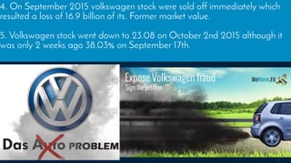 4. On September 2015 volkswagen stock were sold off immediately which
resulted a loss of 16.9 billion of its. Former market value.
5. Volkswagen stock went down to 23.08 on October 2nd 2015 although it
was only 2 weeks ago 38.03% on September 17th.
 