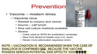 NOTE :- VACCINATION IS RECOMMENDED WHEN THE CASE OF
SMALLPOX IS CONFIRMED 😷😷 , BECAUSE THE VACCINE
POSSESS SERIOUS POTENTIAL SIDE EFFECTS !!!!!!!!!💀💀💀💀
 