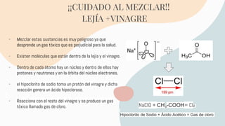 ¡¡CUIDADO AL MEZCLAR!!
LEJÍA +VINAGRE
- Mezclar estas sustancias es muy peligroso ya que
desprende un gas tóxico que es perjudicial para la salud.
- Existen moléculas que están dentro de la lejía y el vinagre.
- Dentro de cada átomo hay un núcleo y dentro de ellos hay
protones y neutrones y en la órbita del núcleo electrones.
- el hipoclorito de sodio toma un protón del vinagre y dicha
reacción genera un ácido hipocloroso.
- Reacciona con el resto del vinagre y se produce un gas
tóxico llamado gas de cloro. NaClO + CH3-COOH= Cl2
Hipoclorito de Sodio + Ácido Acético = Gas de cloro
 