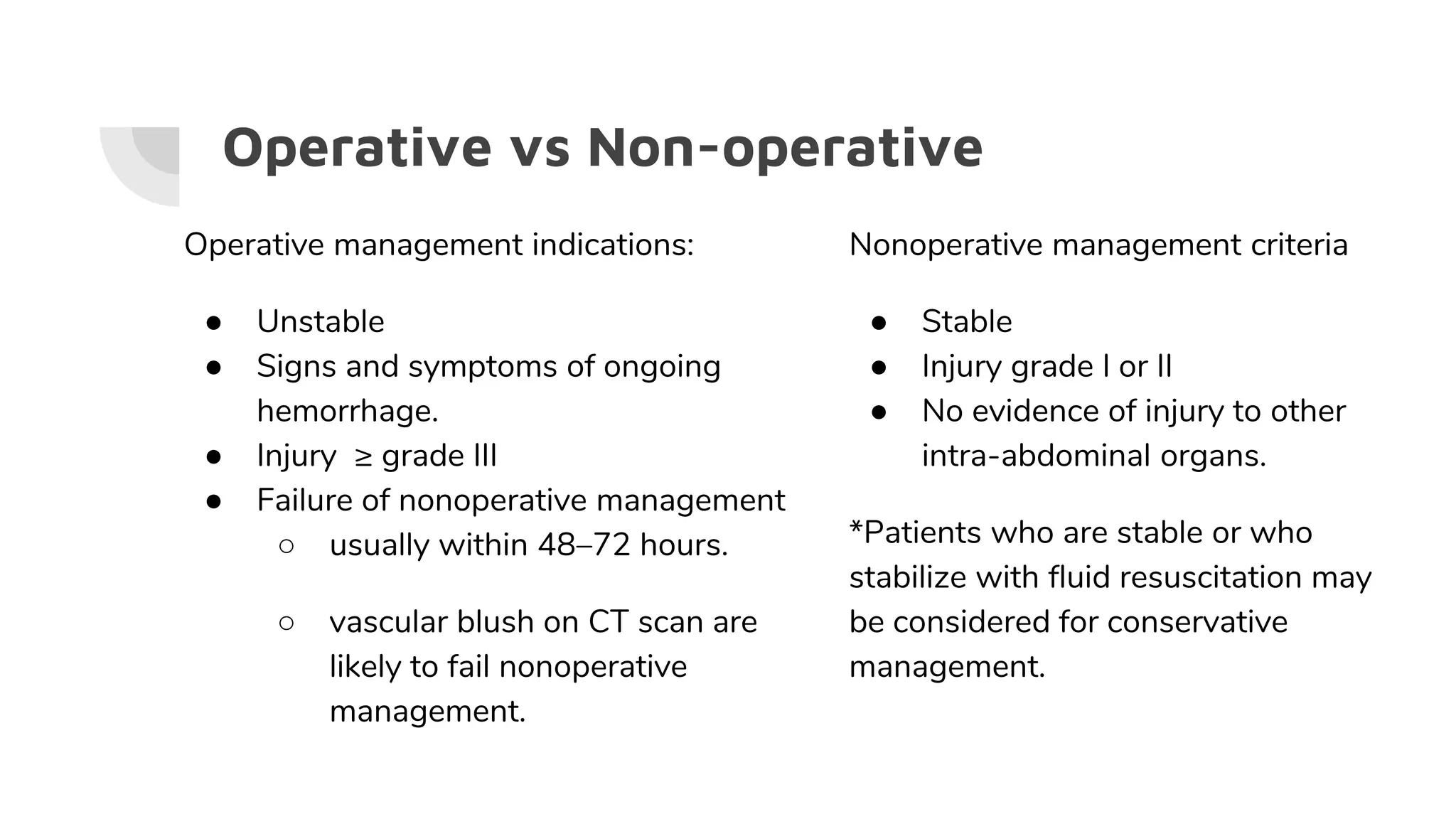 Operative vs Non-operative
Operative management indications:
● Unstable
● Signs and symptoms of ongoing
hemorrhage.
● Injury ≥ grade III
● Failure of nonoperative management
○ usually within 48–72 hours.
○ vascular blush on CT scan are
likely to fail nonoperative
management.
Nonoperative management criteria
● Stable
● Injury grade I or II
● No evidence of injury to other
intra-abdominal organs.
*Patients who are stable or who
stabilize with fluid resuscitation may
be considered for conservative
management.
 