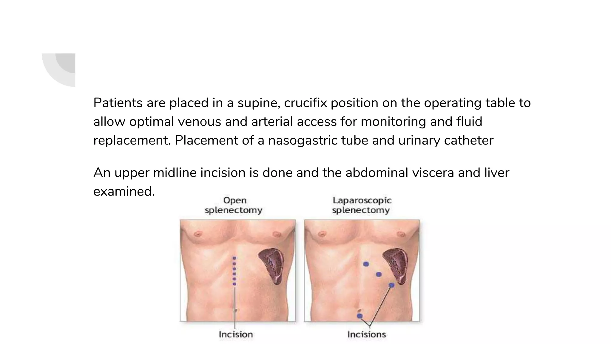Patients are placed in a supine, crucifix position on the operating table to
allow optimal venous and arterial access for monitoring and fluid
replacement. Placement of a nasogastric tube and urinary catheter
An upper midline incision is done and the abdominal viscera and liver
examined.
 