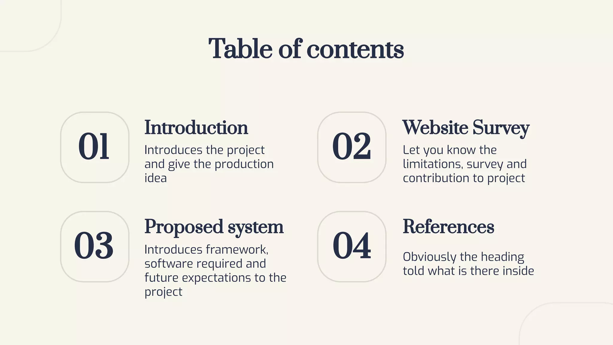 03
01 02
04
Table of contents
Introduction
Introduces the project
and give the production
idea
Website Survey
Let you know the
limitations, survey and
contribution to project
Proposed system
Introduces framework,
software required and
future expectations to the
project
References
Obviously the heading
told what is there inside
 