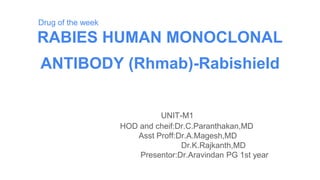 Drug of the week
RABIES HUMAN MONOCLONAL
ANTIBODY (Rhmab)-Rabishield
UNIT-M1
HOD and cheif:Dr.C.Paranthakan,MD
Asst Proff:Dr.A.Magesh,MD
Dr.K.Rajkanth,MD
Presentor:Dr.Aravindan PG 1st year
 