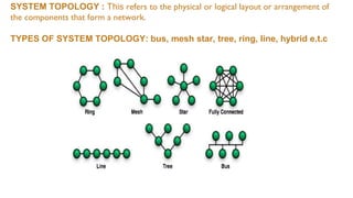 SYSTEM TOPOLOGY : This refers to the physical or logical layout or arrangement of
the components that form a network.
TYPES OF SYSTEM TOPOLOGY: bus, mesh star, tree, ring, line, hybrid e.t.c
 