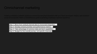 Omnichannel marketing
Creating a seamless customer experience involves ensuring that interactions with your brand are smooth, intuitive, and consistent
across all touchpoints. Here’s a comprehensive guide to achieving a seamless customer experience:
● Step 1: Move from vertical channel silos to horizontal integration. ...
● Step 2: Develop shared priorities and performance metrics. ...
● Step 3: Take advantage of common data and tech capabilities. ...
● Step 4: Budget for the overall journey, not specific channels.
 