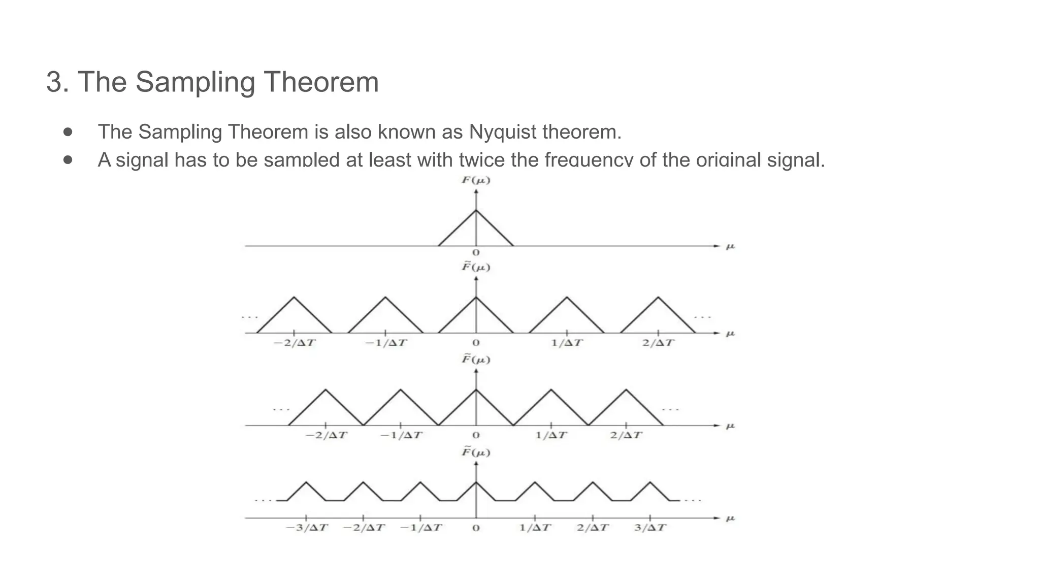 3. The Sampling Theorem
● The Sampling Theorem is also known as Nyquist theorem.
● A signal has to be sampled at least with twice the frequency of the original signal.
 