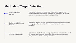 Methods of Target Detection
This method maintains the motion path of the moving target in two
consecutive frames of images and eliminates the interference of unstable
factors. However, it cannot spot slow-moving vehicles.
This method relies on accurate and steady background modeling to extract
moving objects from the original frame. It is effective but has some
limitations.
Frame Difference
Method
Background Difference
Method
Optical Flow Methods
Optical flow method reflects the change of pixel points in the time domain of
the imaging plain coordinate system. It is used to track the movement of
pixel points and is effective in many applications.
 