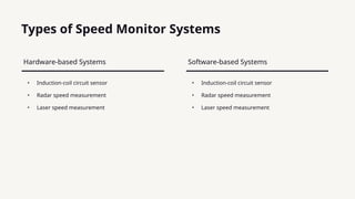 • Induction-coil circuit sensor
• Radar speed measurement
• Laser speed measurement
Hardware-based Systems
• Induction-coil circuit sensor
• Radar speed measurement
• Laser speed measurement
Software-based Systems
Types of Speed Monitor Systems
 