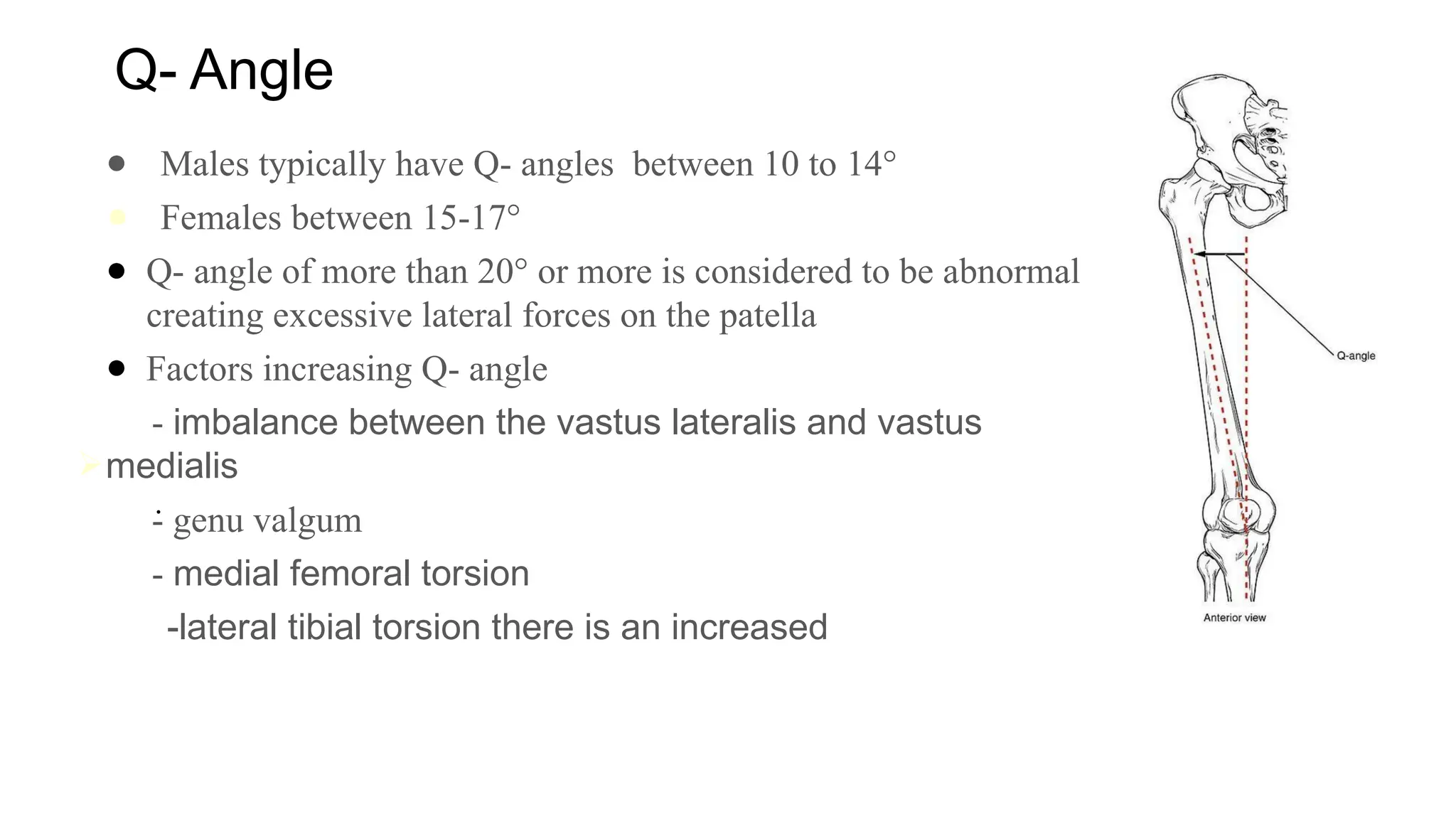 Q- Angle
● Males typically have Q- angles between 10 to 14°
● Females between 15-17°
● Q- angle of more than 20° or more is considered to be abnormal
creating excessive lateral forces on the patella
● Factors increasing Q- angle
- imbalance between the vastus lateralis and vastus
medialis
- genu valgum
- medial femoral torsion
-lateral tibial torsion there is an increased
⮚
.
 