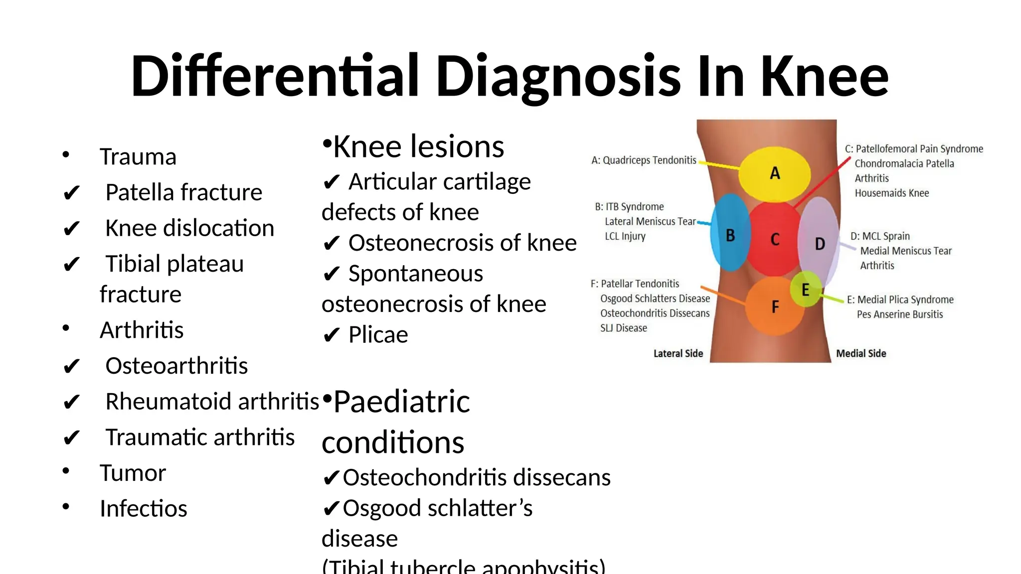 Differential Diagnosis In Knee
• Trauma
✔ Patella fracture
✔ Knee dislocation
✔ Tibial plateau
fracture
• Arthritis
✔ Osteoarthritis
✔ Rheumatoid arthritis
✔ Traumatic arthritis
• Tumor
• Infectios
•Knee lesions
✔ Articular cartilage
defects of knee
✔ Osteonecrosis of knee
✔ Spontaneous
osteonecrosis of knee
✔ Plicae
•Paediatric
conditions
✔Osteochondritis dissecans
✔Osgood schlatter’s
disease
 